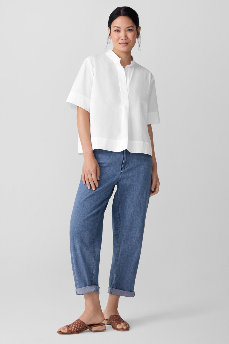 Washed Organic Cotton Poplin Split Neck Top Washed Organic Cotton Poplin Split Neck Top