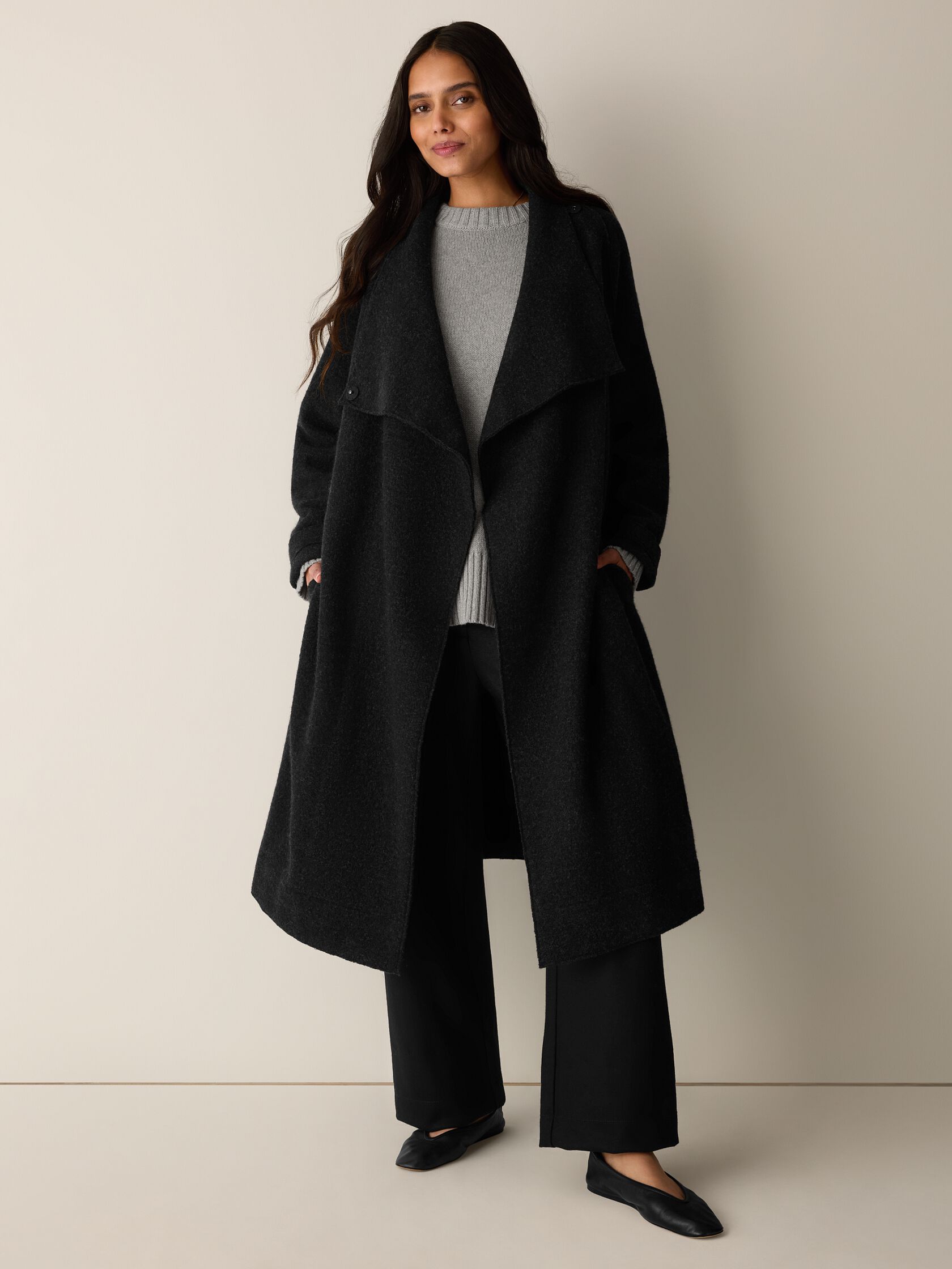 Lightweight Boiled Wool Drape Neck Coat in Regenerative Wool