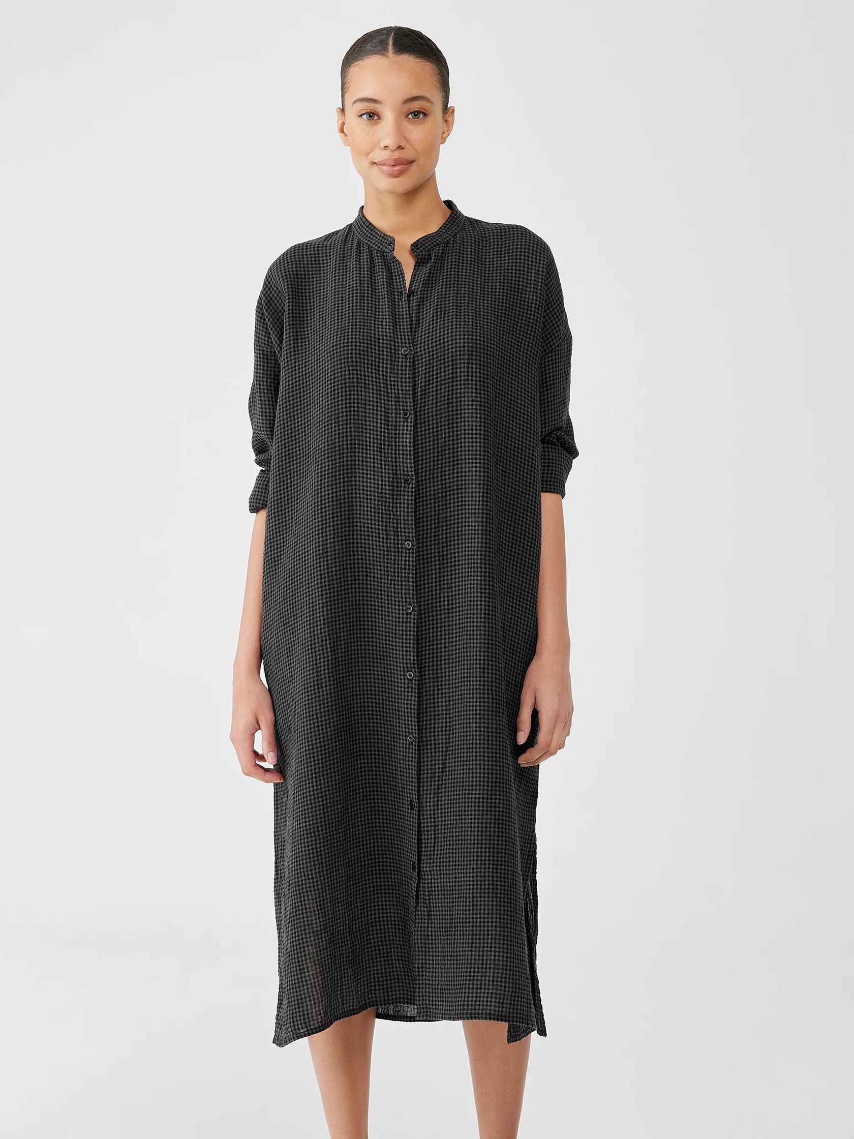 Puckered Organic Linen Long Shirtdress