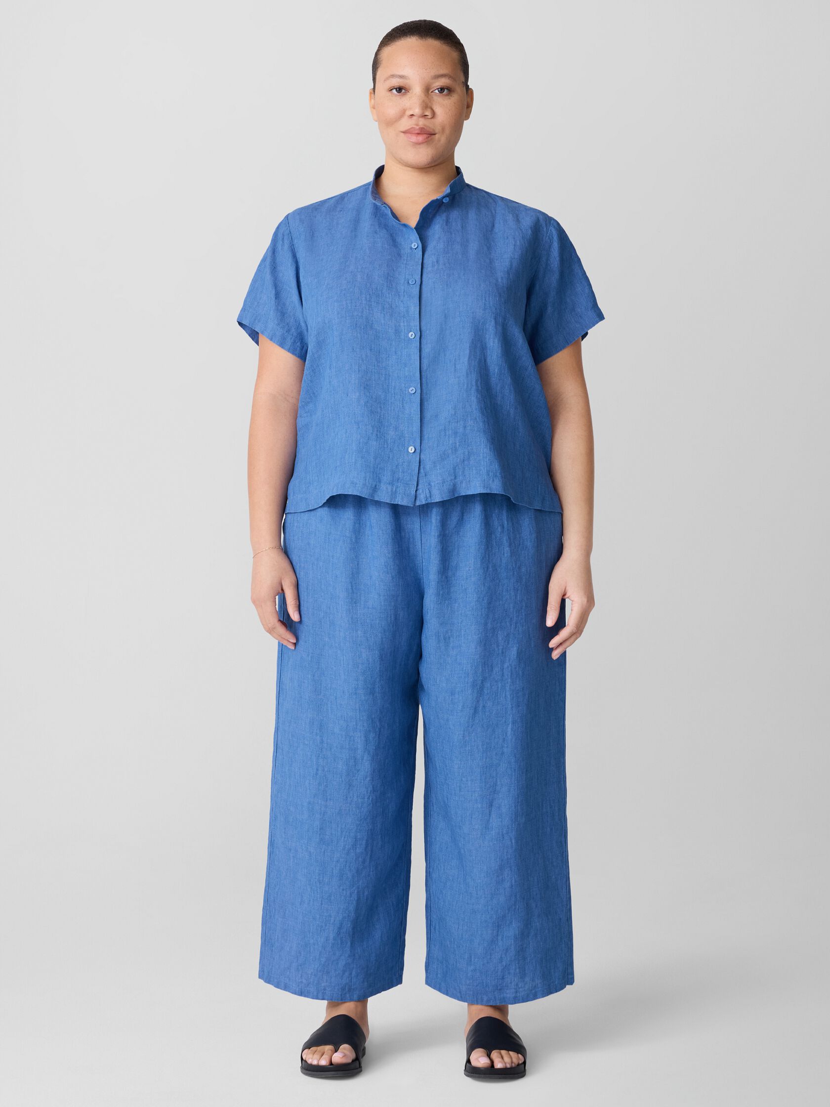 Washed Organic Linen Délavé Band Collar Shirt