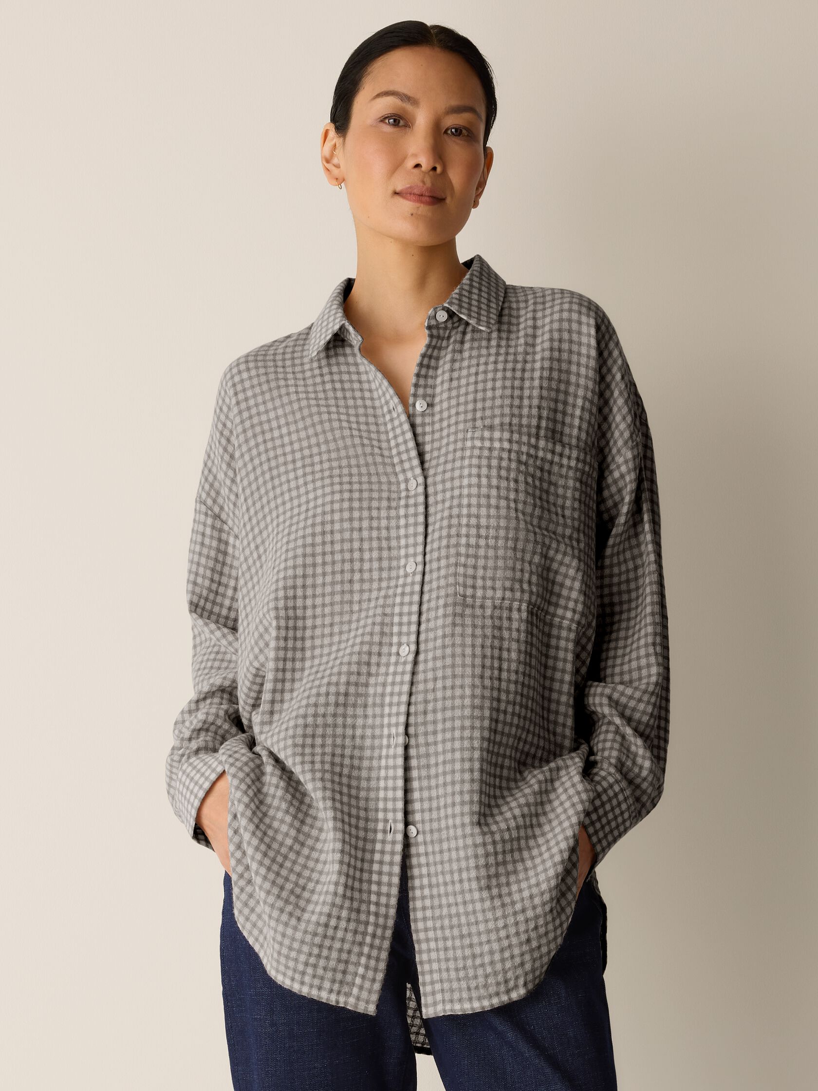 Wool Cotton Check Classic Collar Long Shirt
