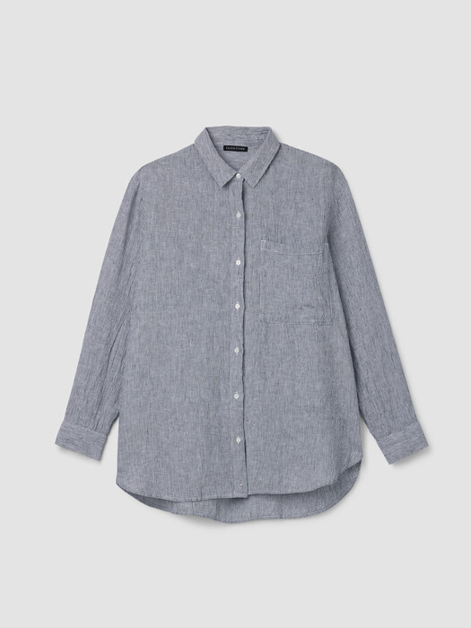 Puckered Organic Linen Stripe Classic Collar Long Shirt