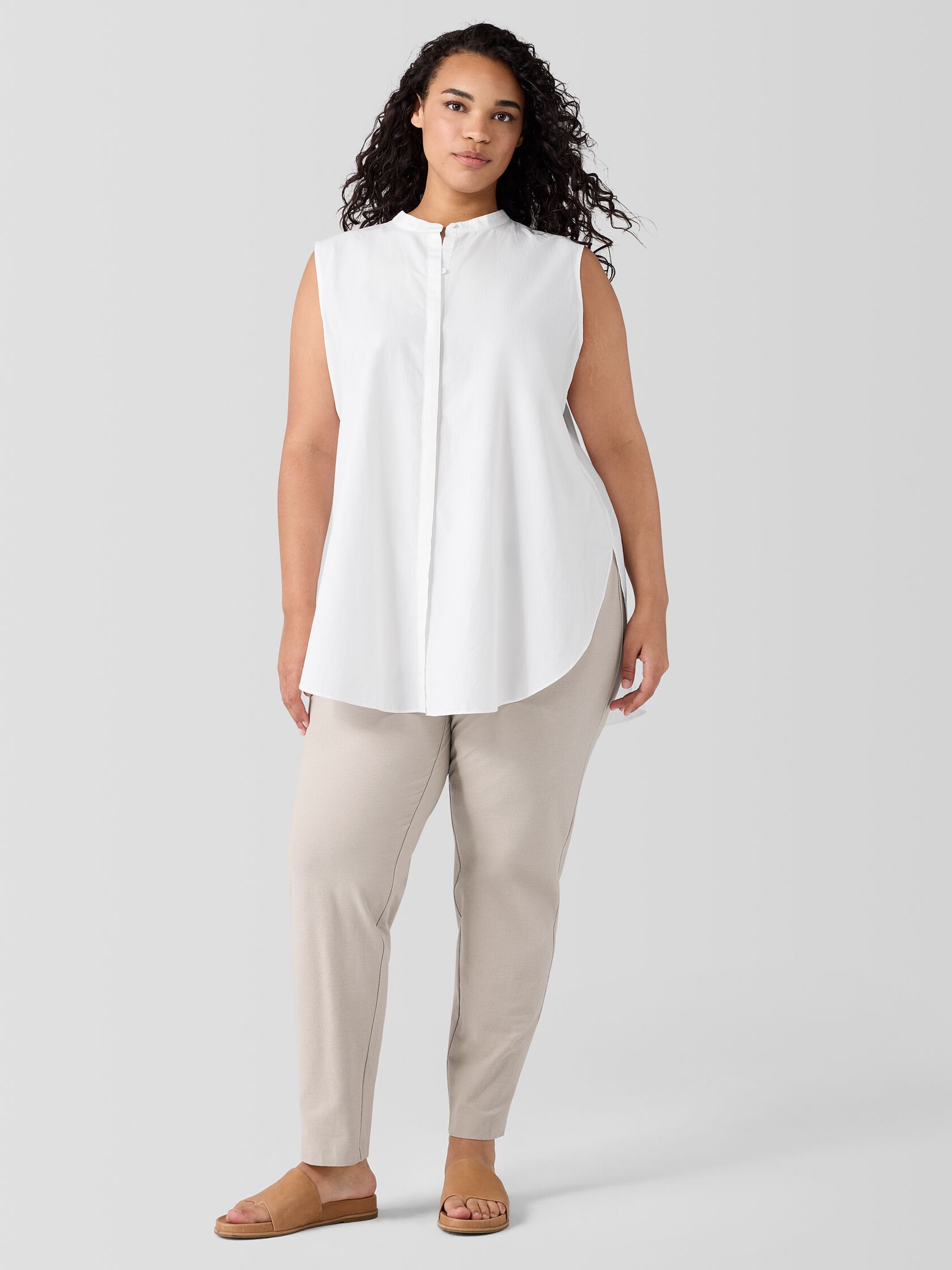 Washed Organic Cotton Poplin Band Collar Shirt