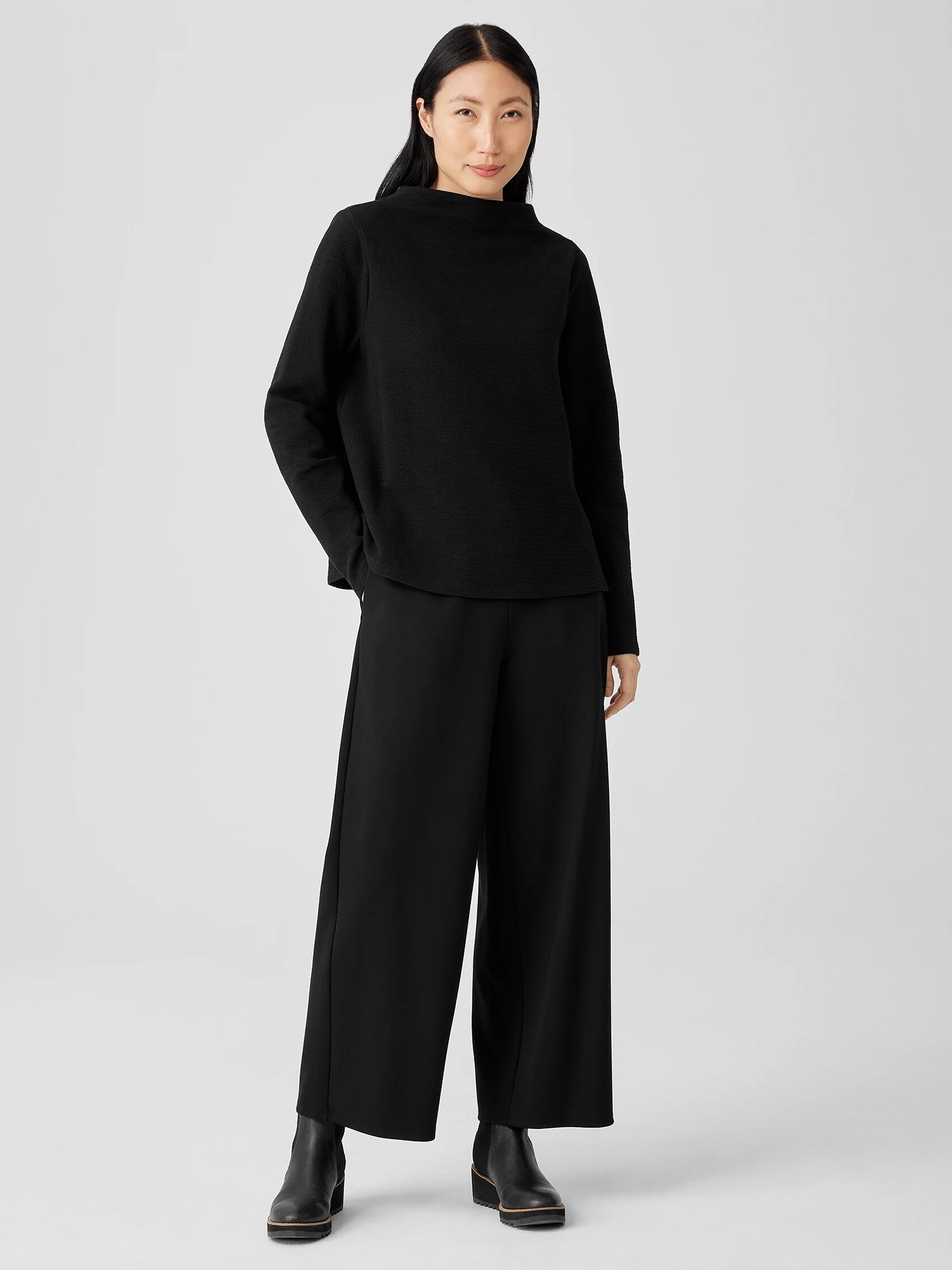 Organic Cotton Crinkled Knit Funnel Neck Top