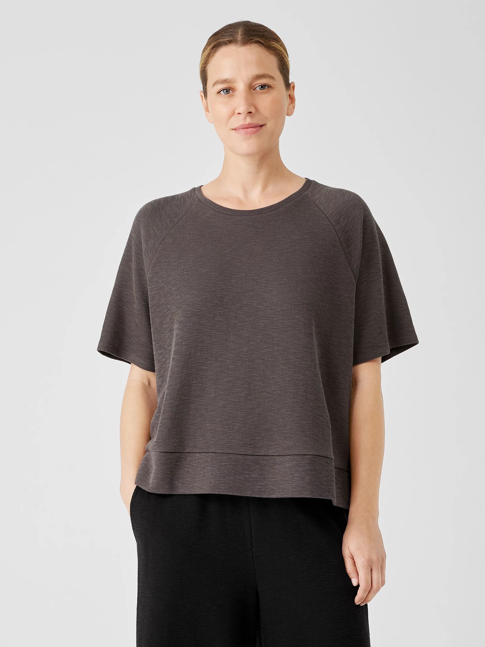 Organic Cotton Slubby Rib Knit Elbow-Sleeve Top