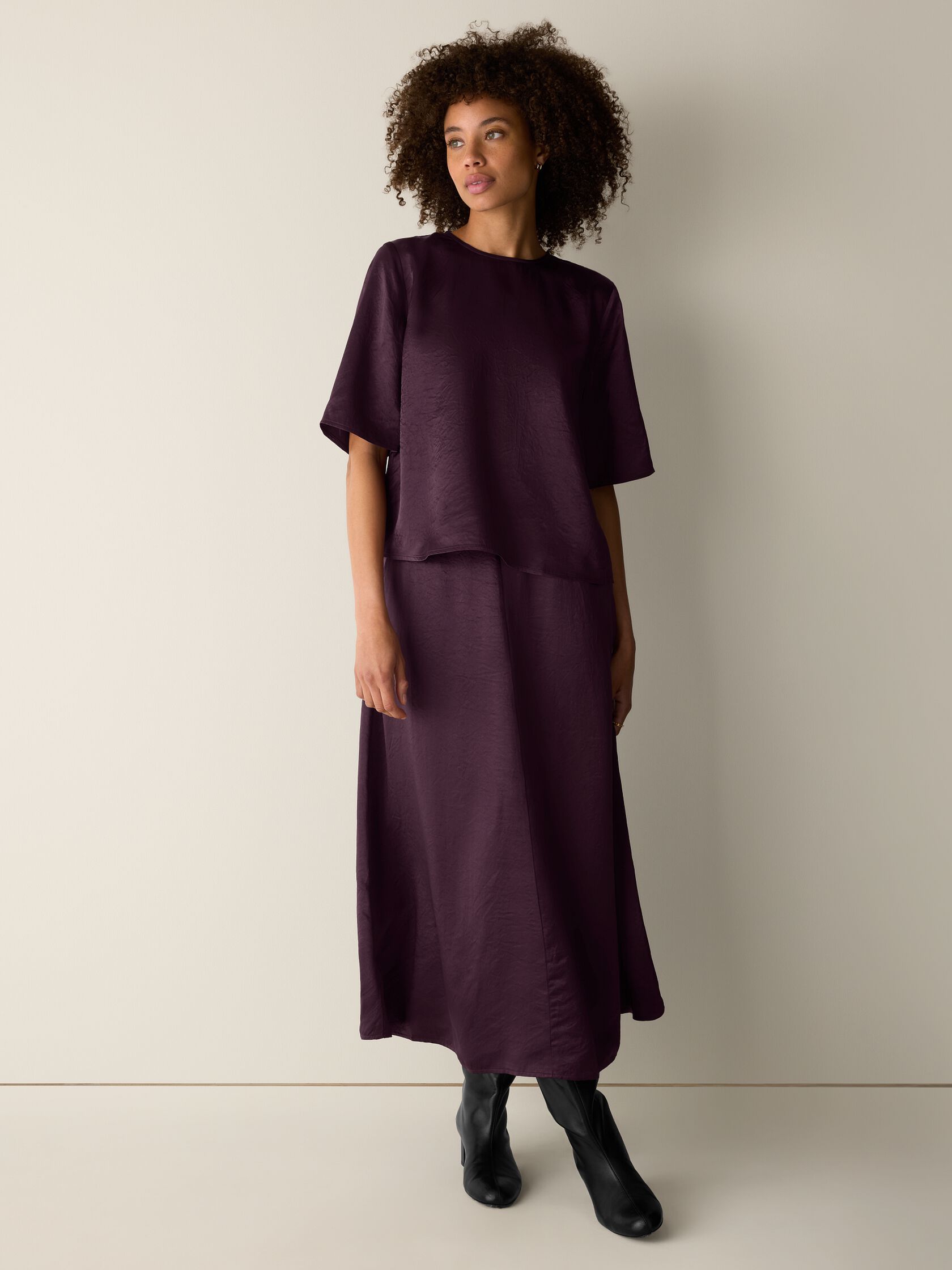 Textured Satin Round Neck Elbow-Sleeve Top