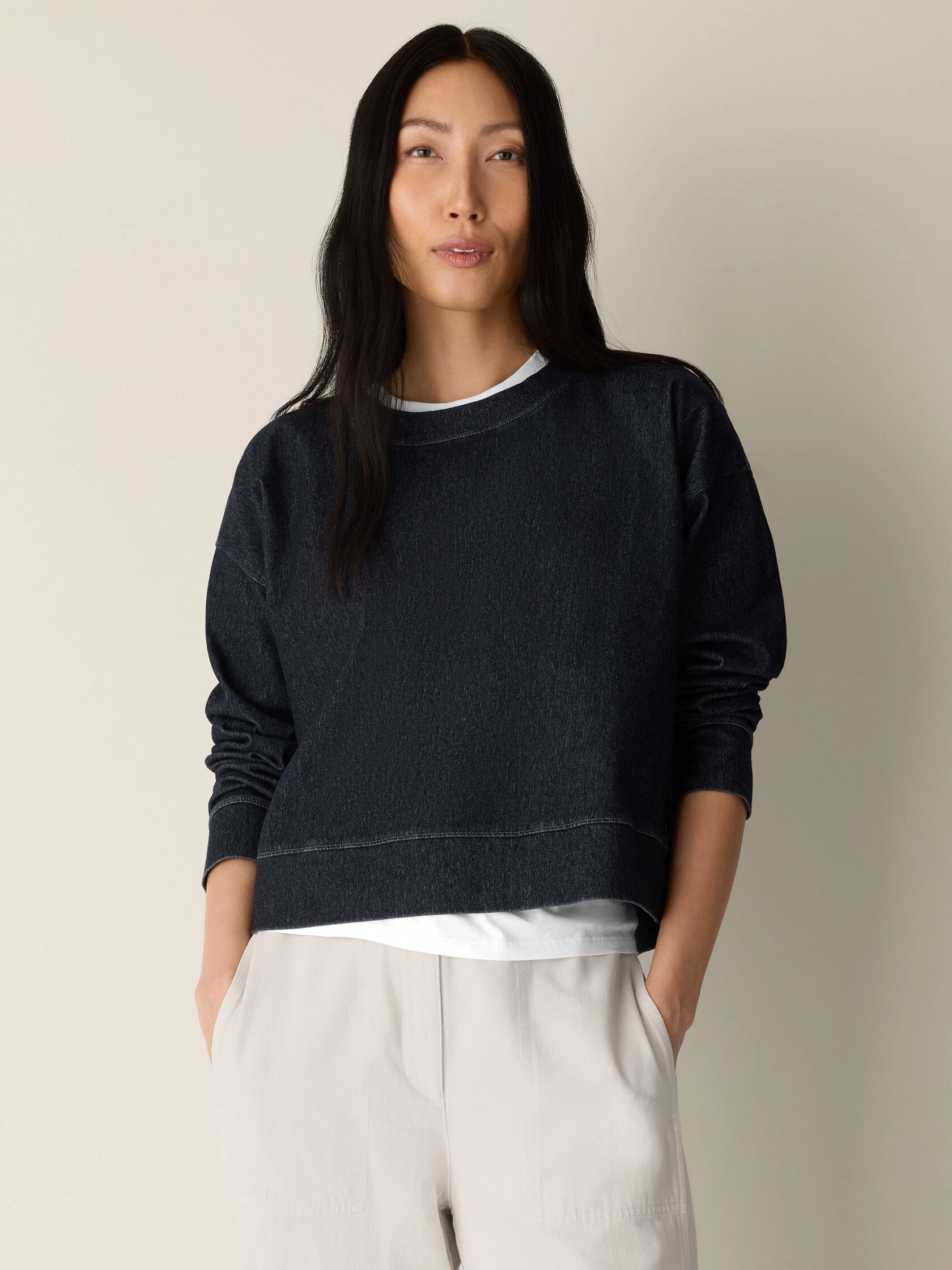 Cotton Indigo Knit Denim Crew Neck Top