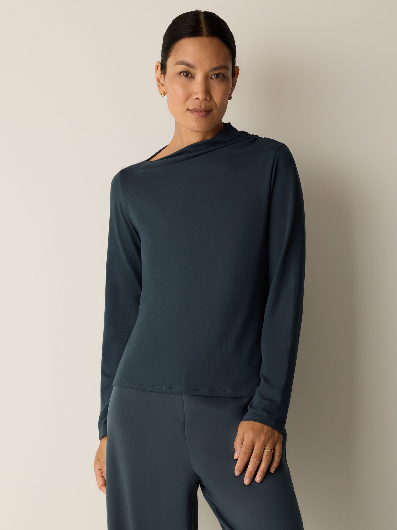 Stretch Jersey Knit Drape Neck Top