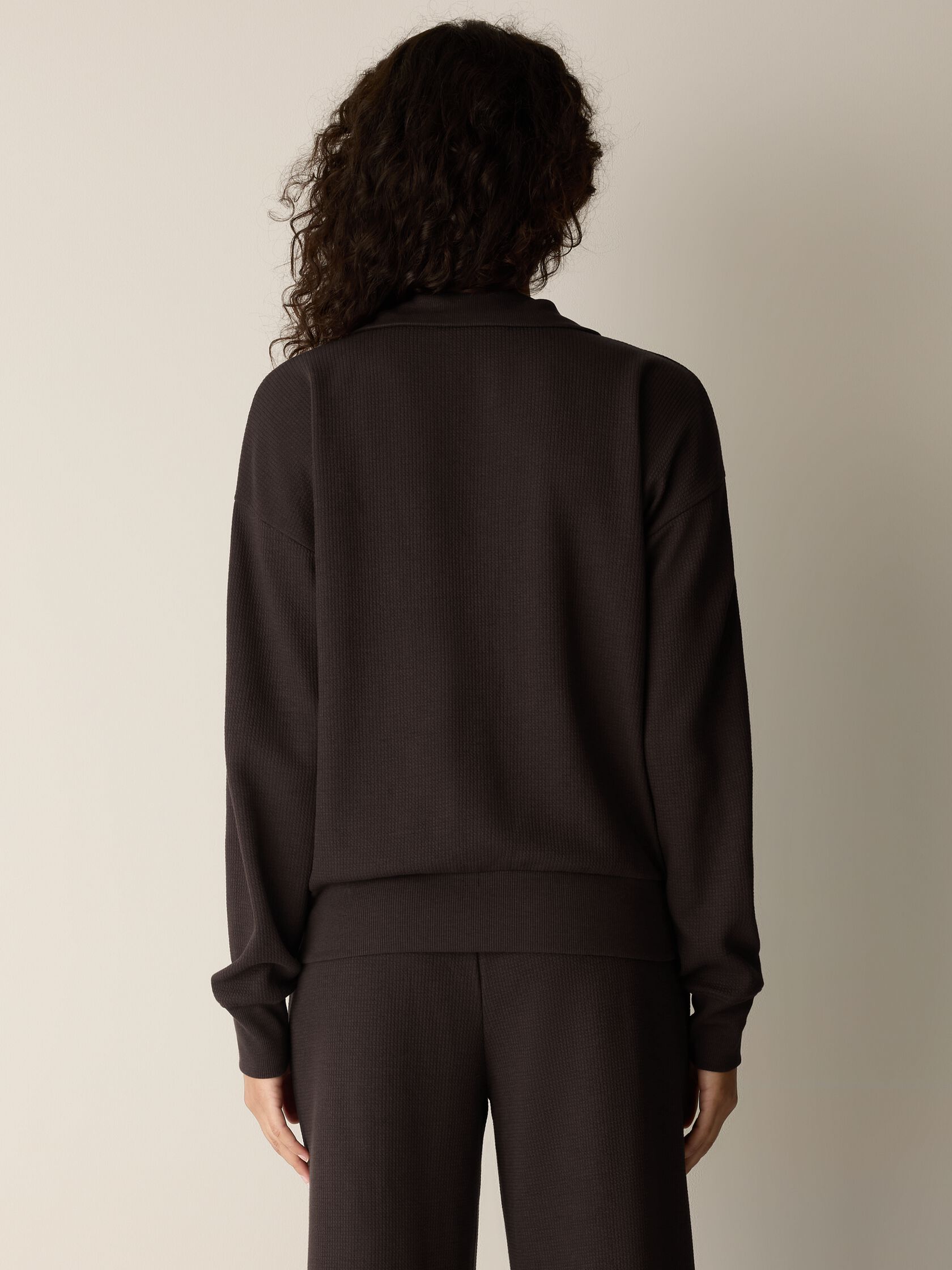 Waffle Cotton Blend Doubleknit High Collar Henley Top