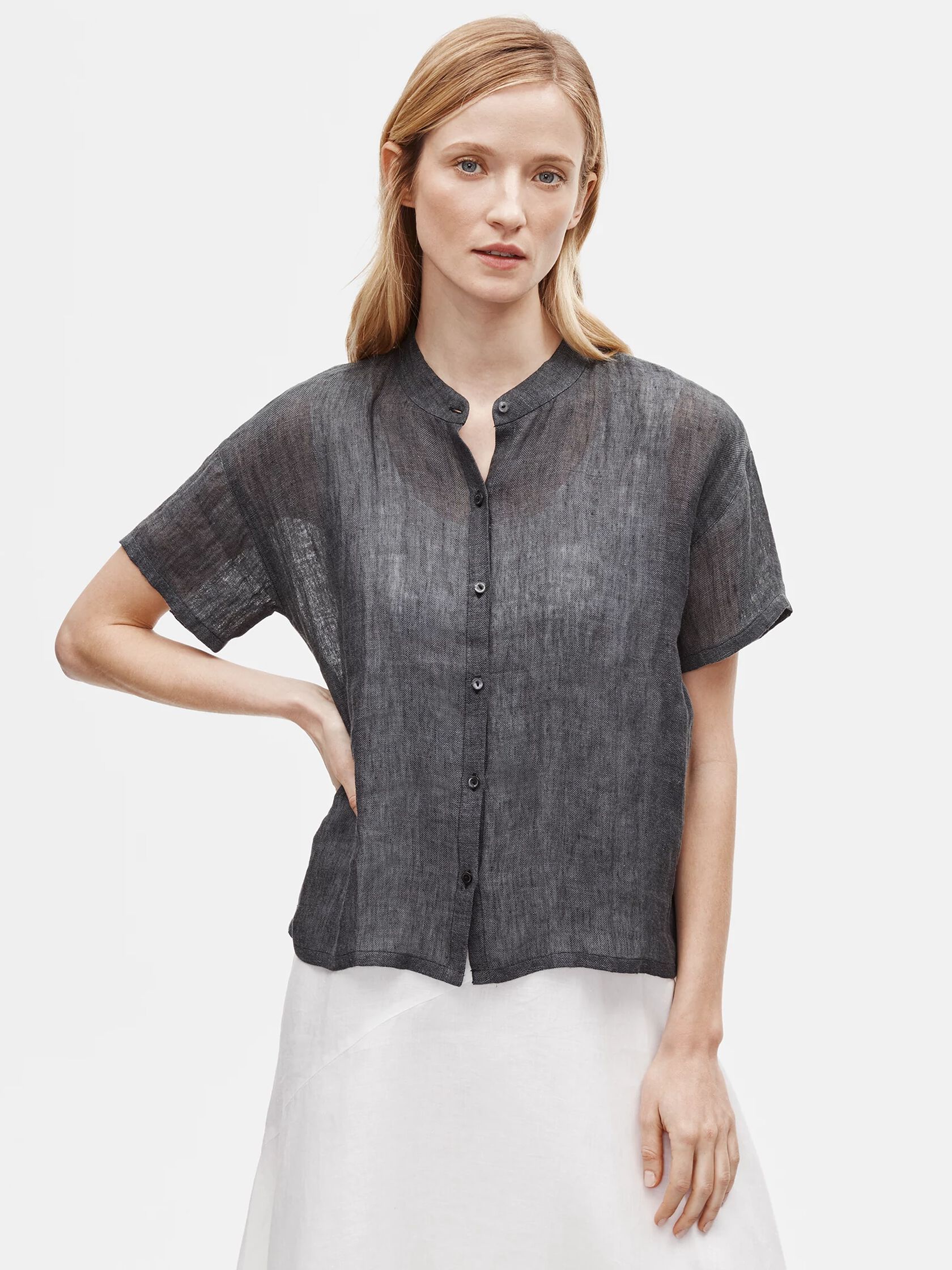 Organic Linen Gauze Mandarin Collar Shirt EILEEN FISHER