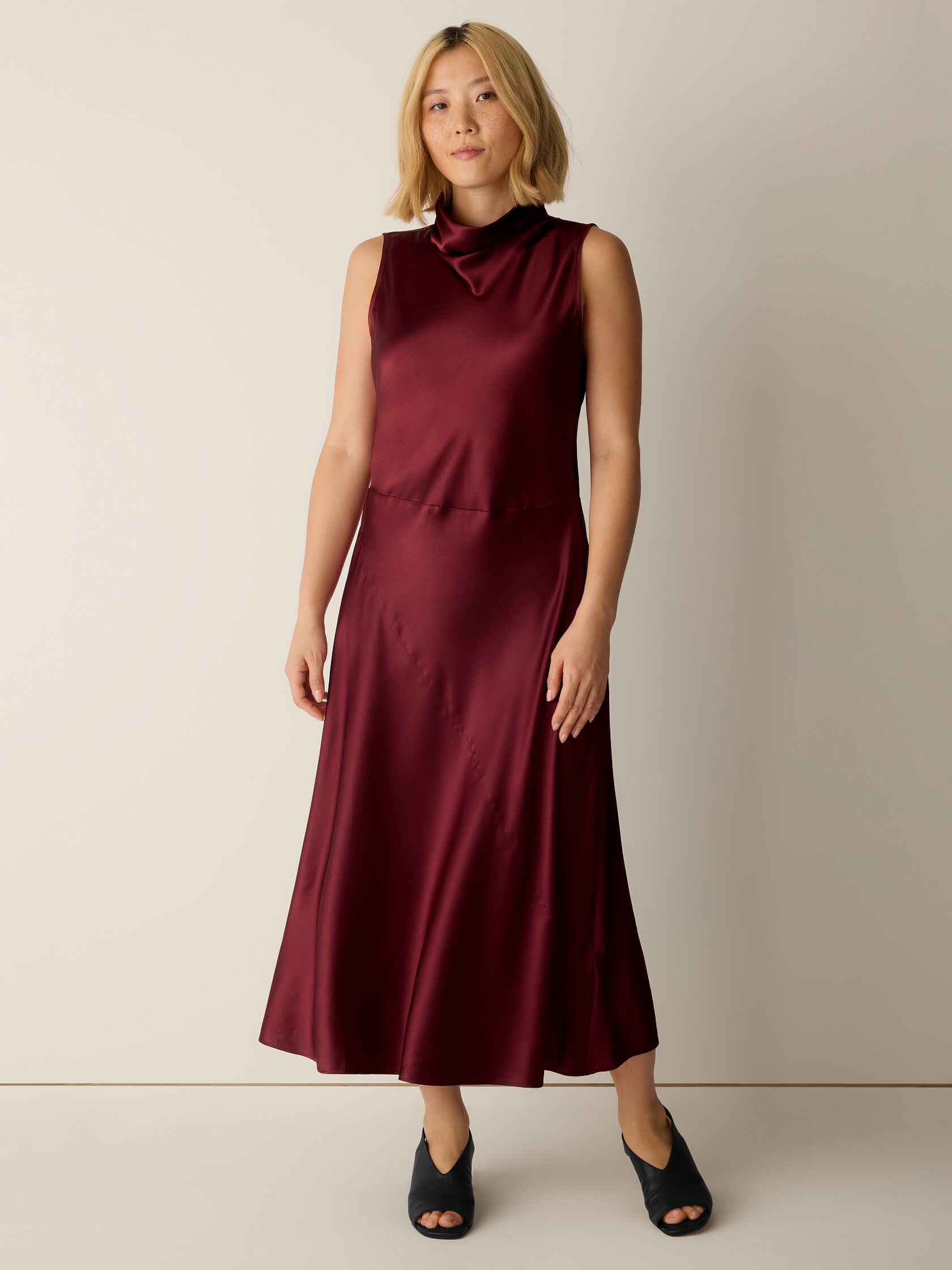Stretch Silk Charmeuse Bias Cowl Neck Dress