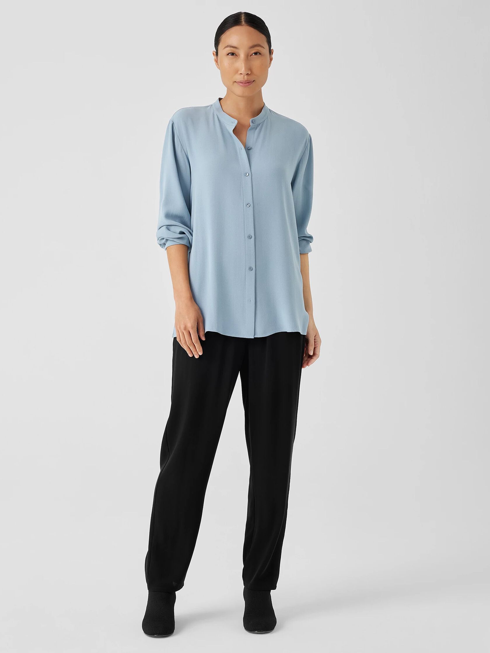Silk Georgette Crepe Mandarin Collar Shirt