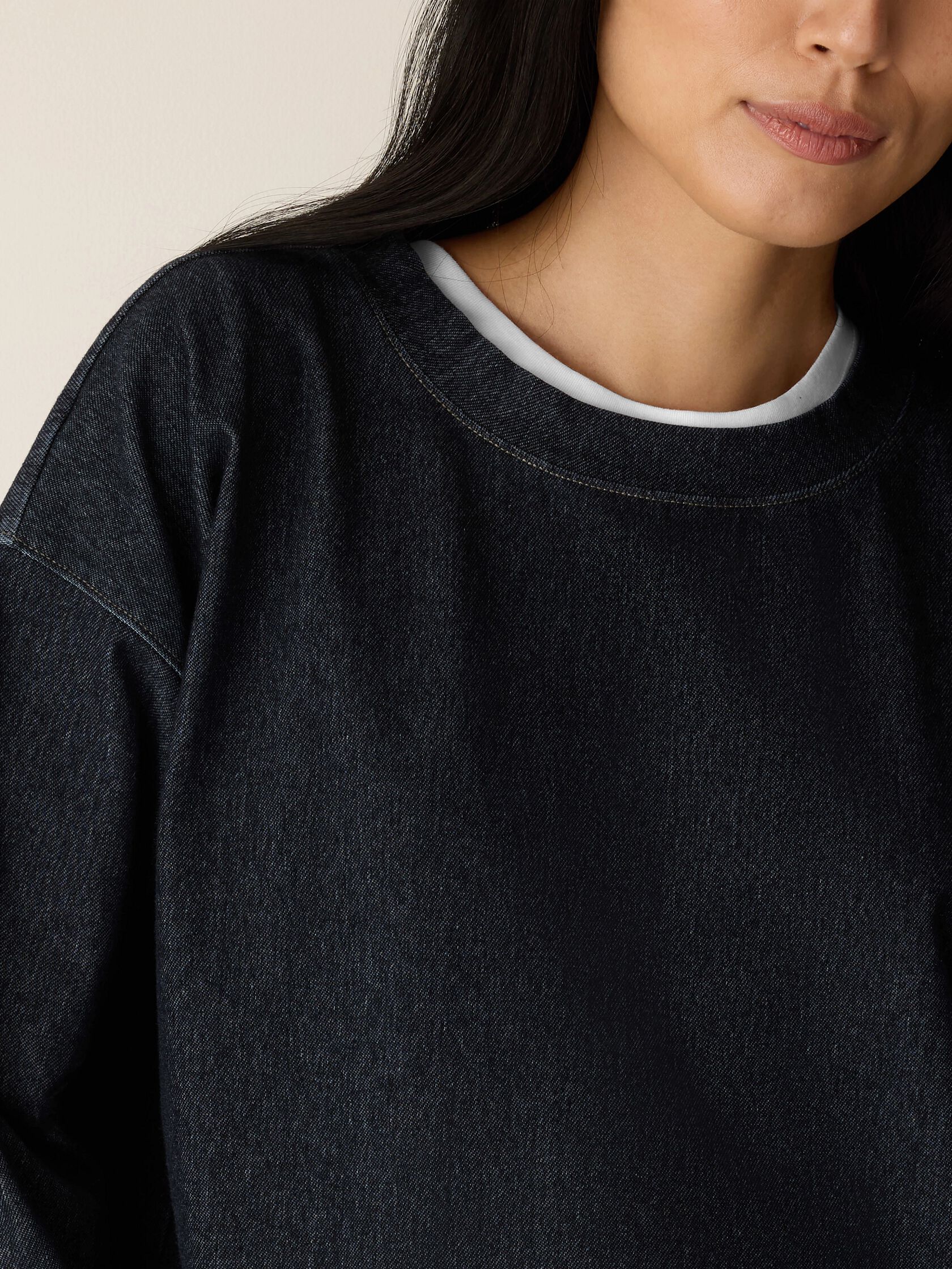 Cotton Indigo Knit Denim Crew Neck Top