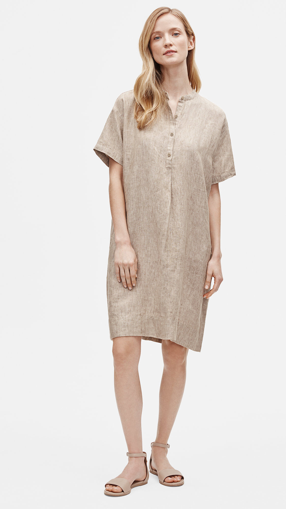 Washed Organic Linen Delave Mandarin Collar Shirtdress