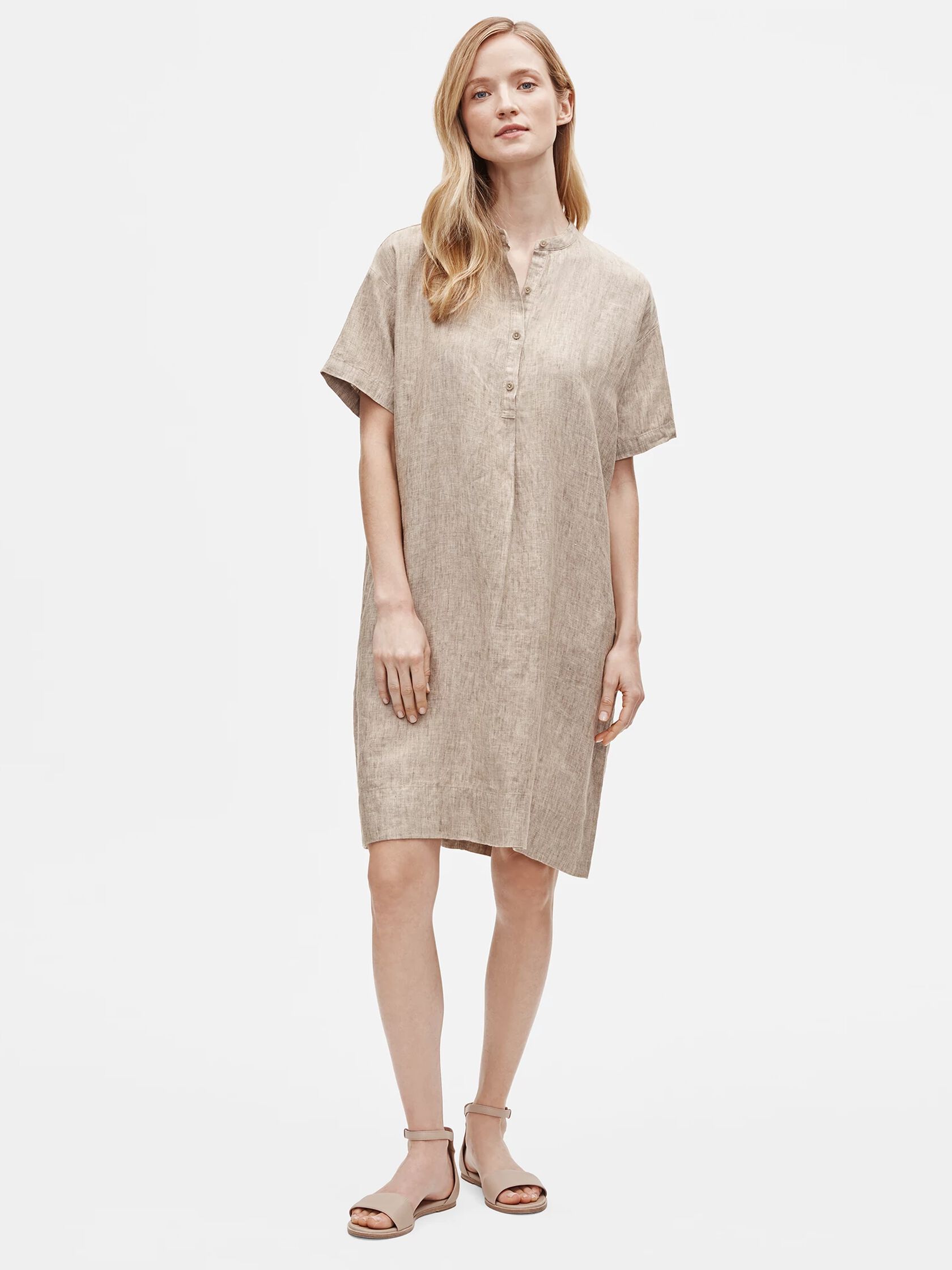 Washed Organic Linen Delave Mandarin Collar Shirtdress