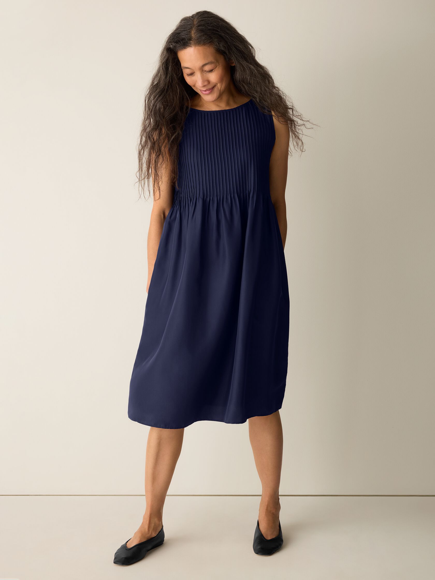Pleated Silk Bateau Neck Dress