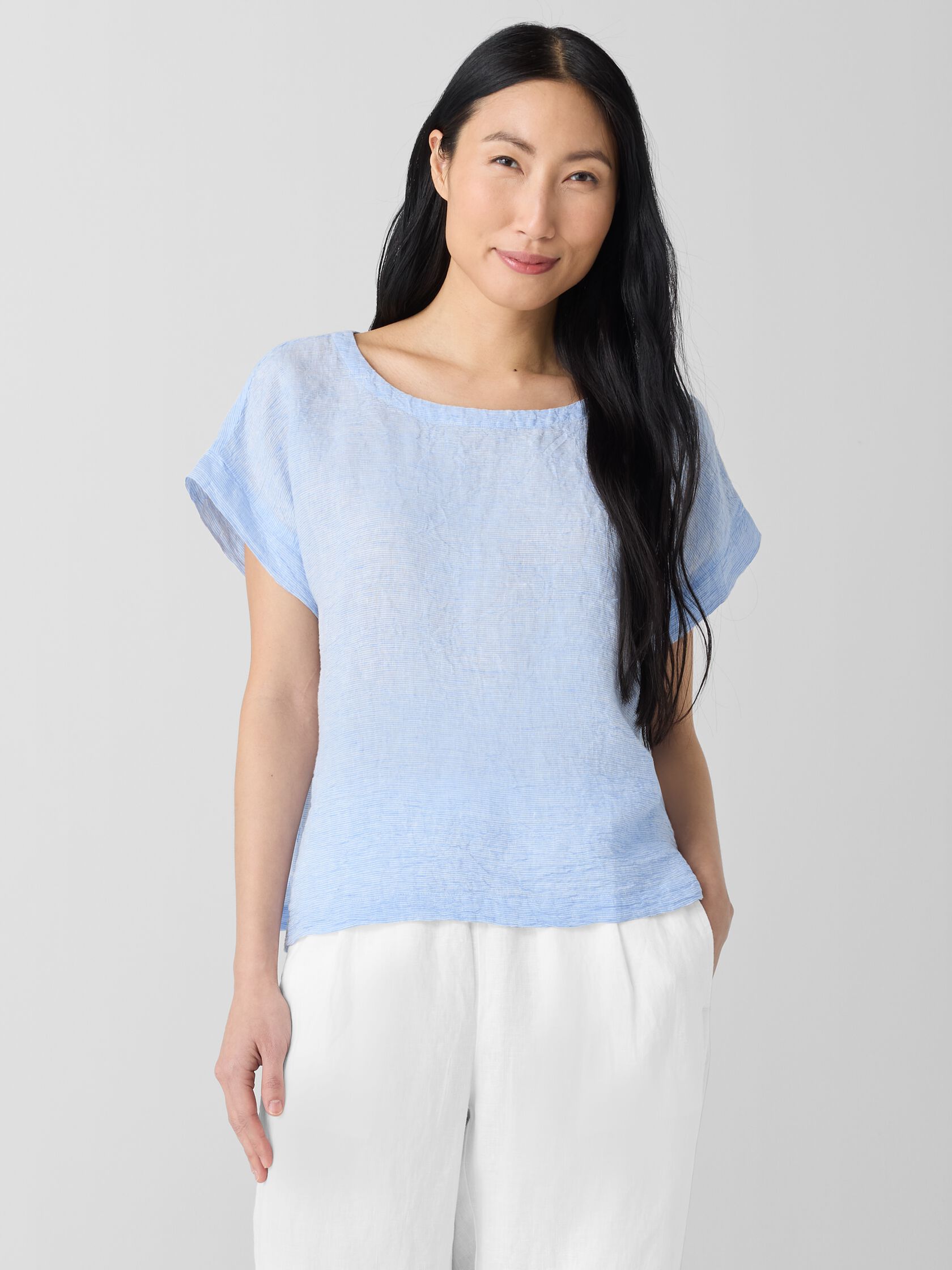 Puckered Organic Linen Stripe Ballet Neck Top