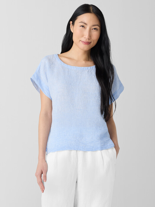 Puckered Organic Linen Stripe Ballet Neck Top