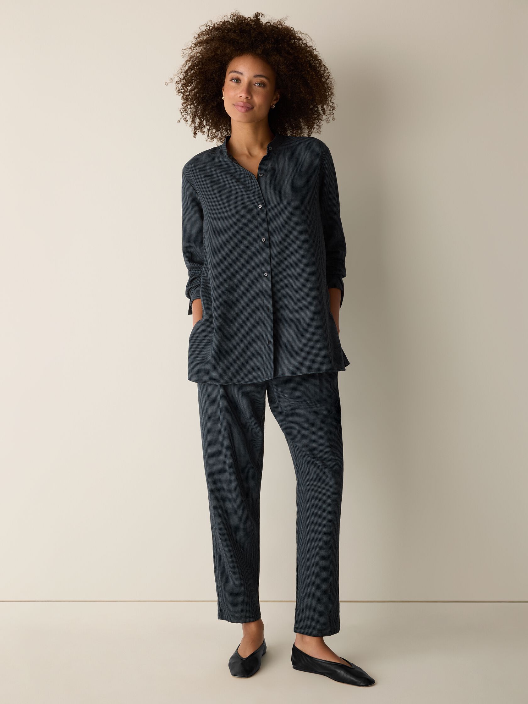 Mini Check Crepe Band Collar Top