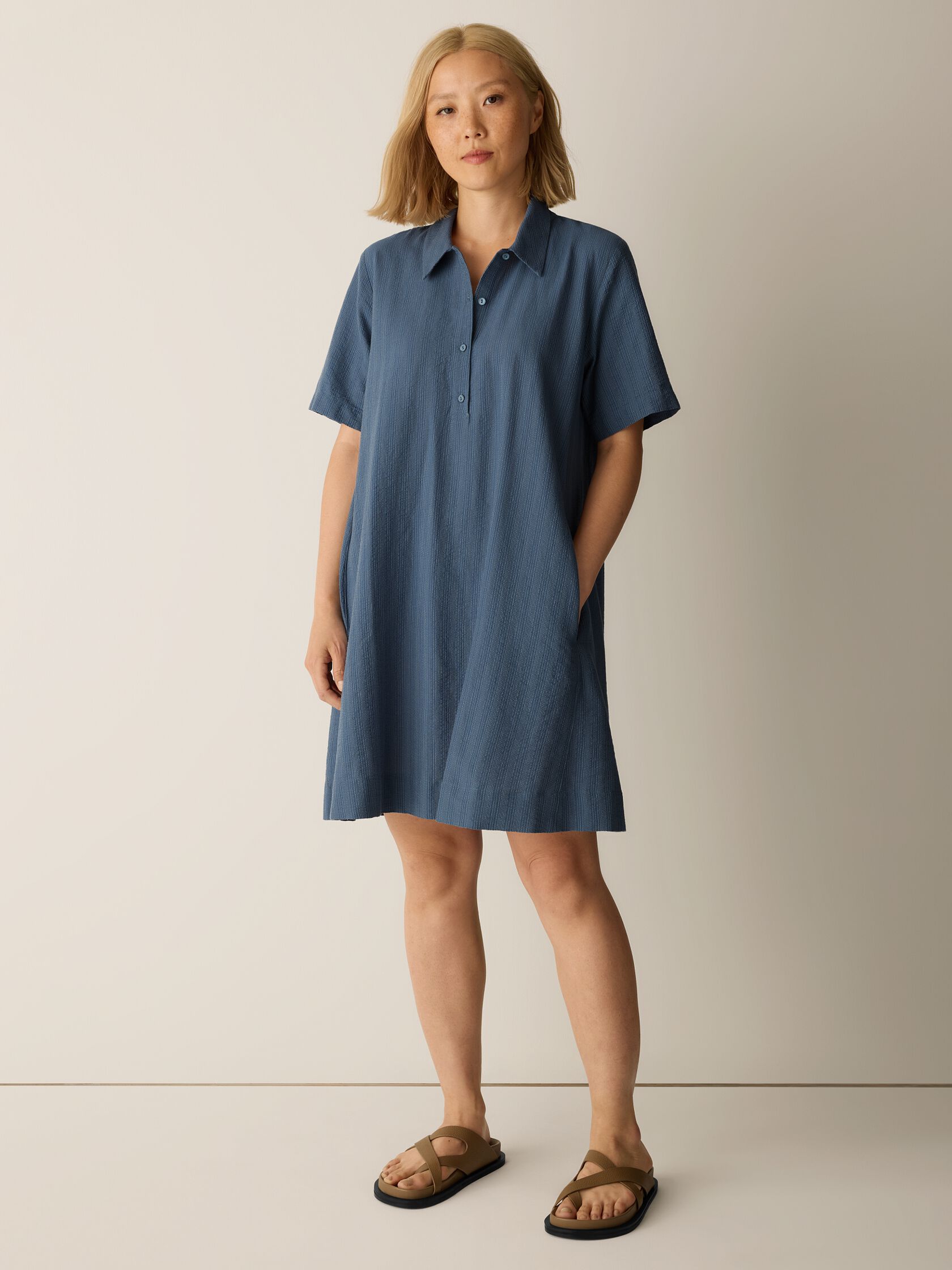 Cotton Blend Stripe Stitch Classic Collar Dress