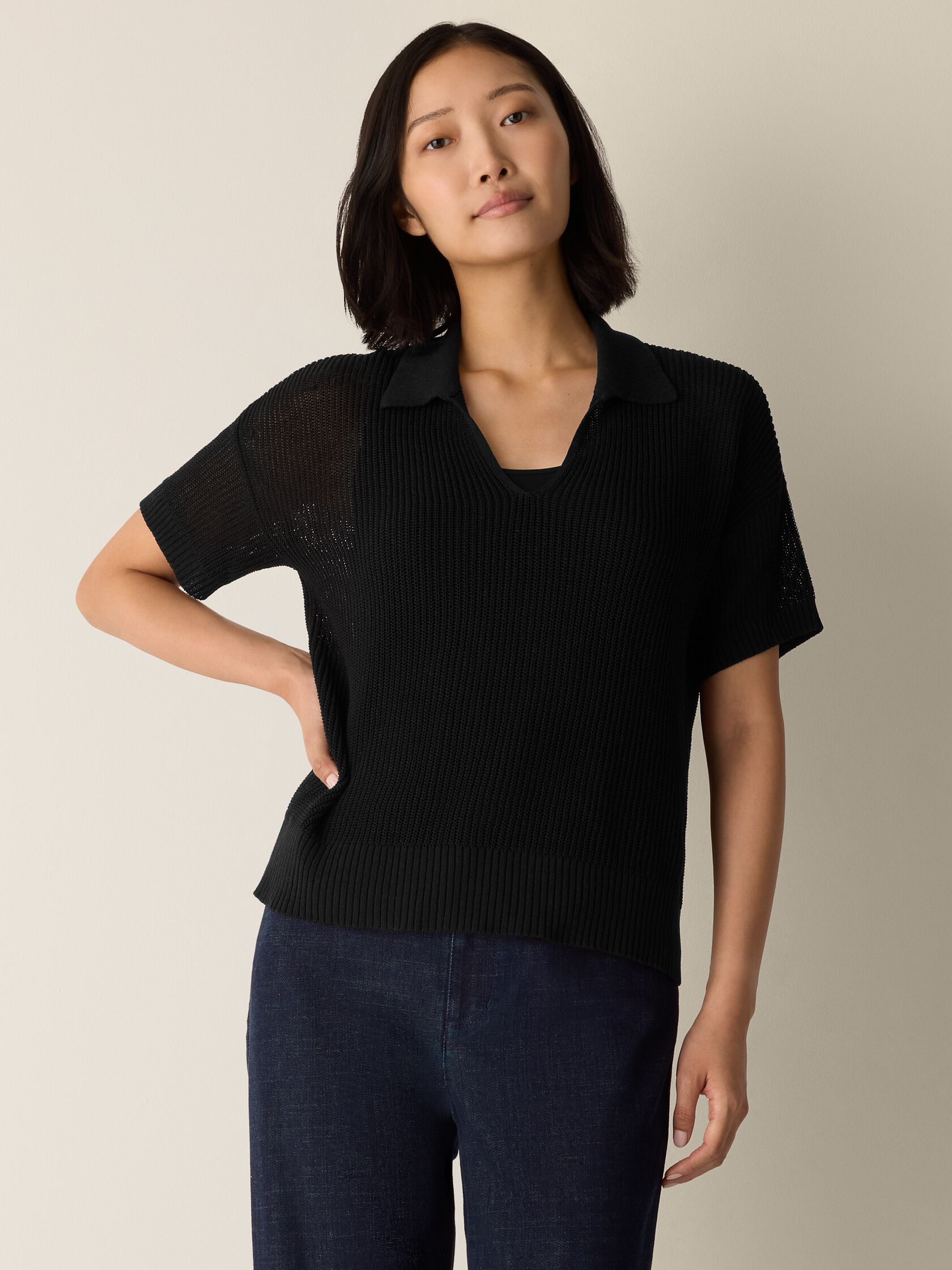 Cotton Silk Cord Split Neck Top