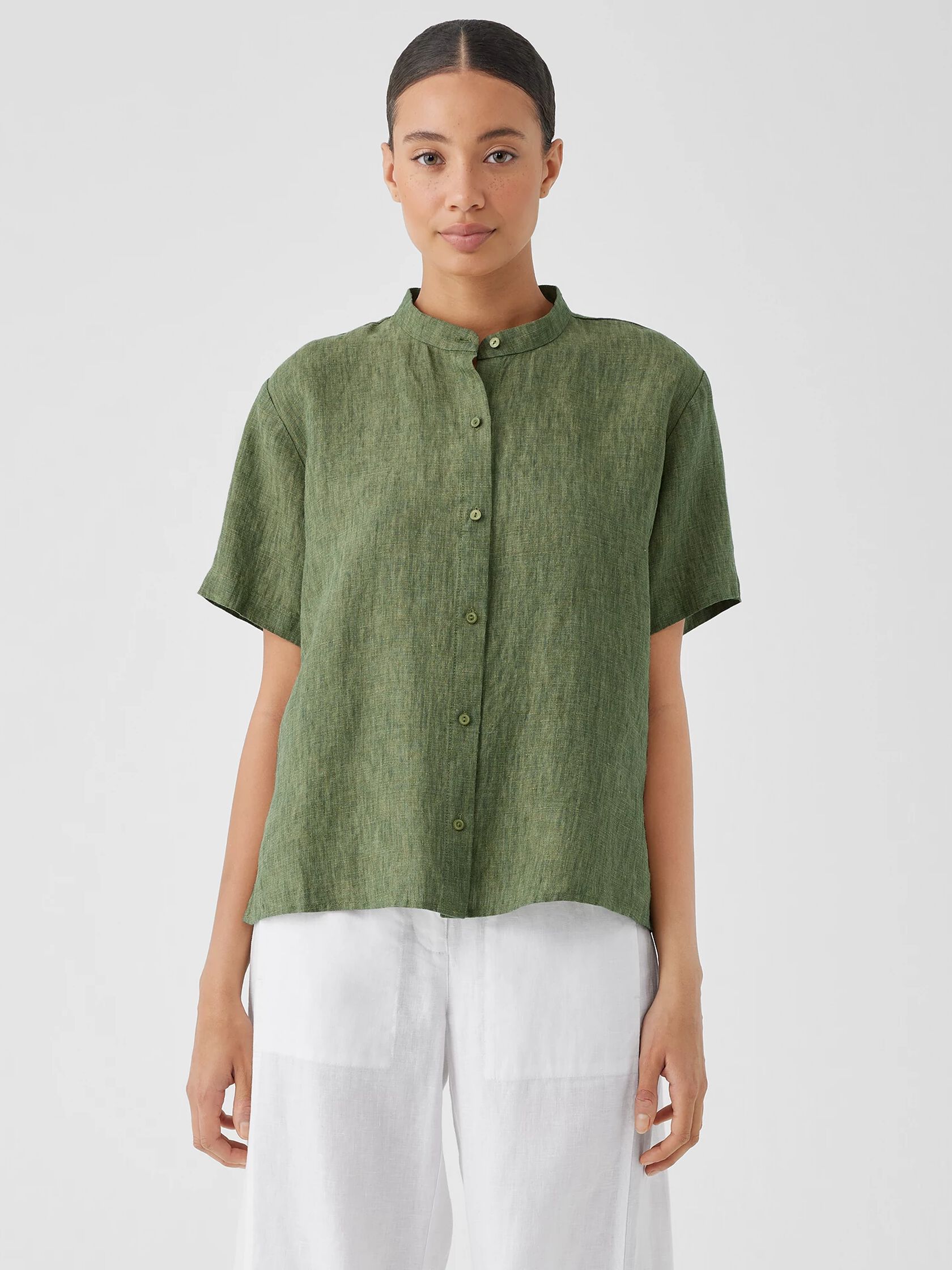 Washed Organic Linen Délavé Band Collar Shirt