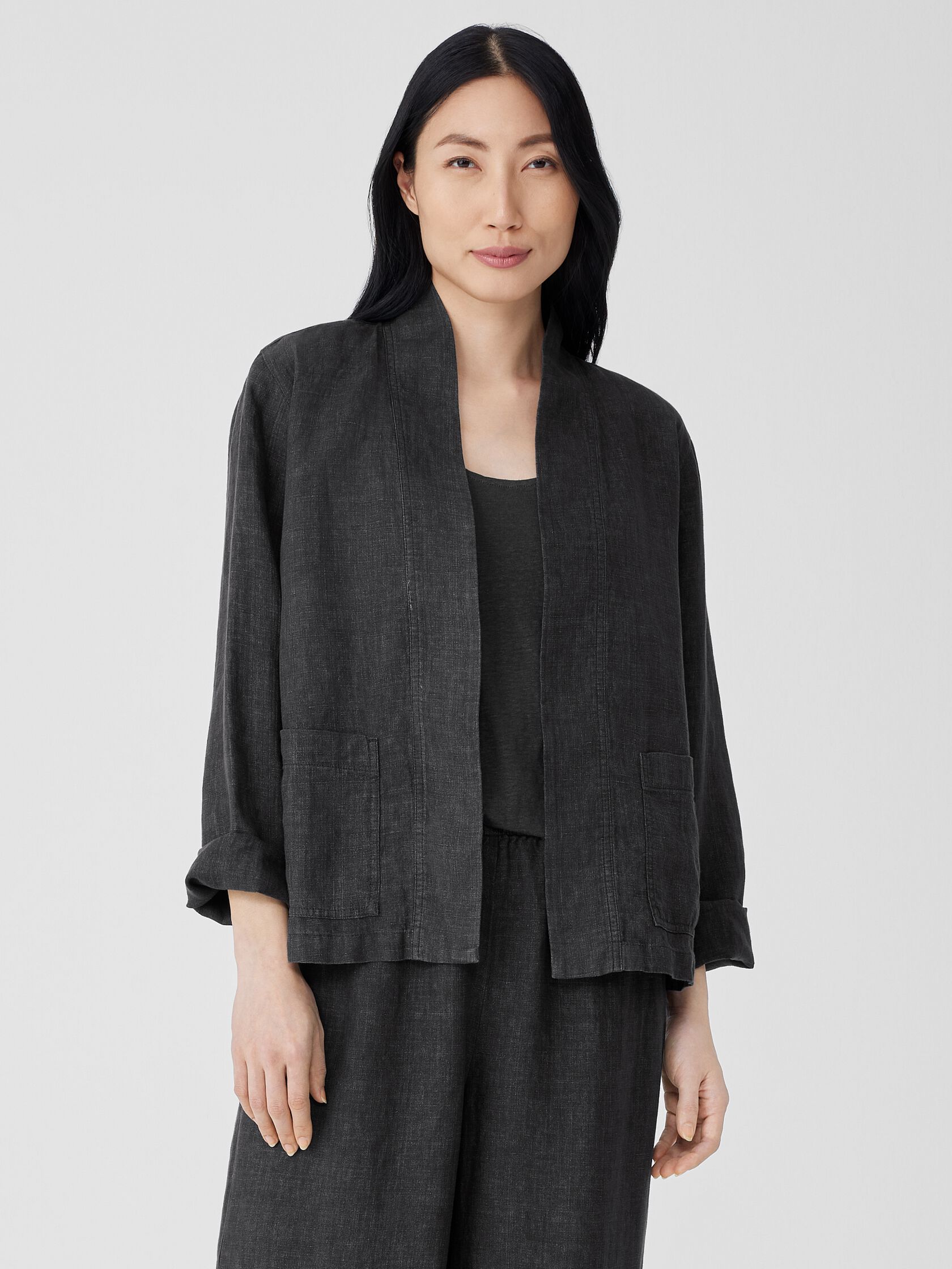 Washed Organic Linen Délavé High Collar Jacket