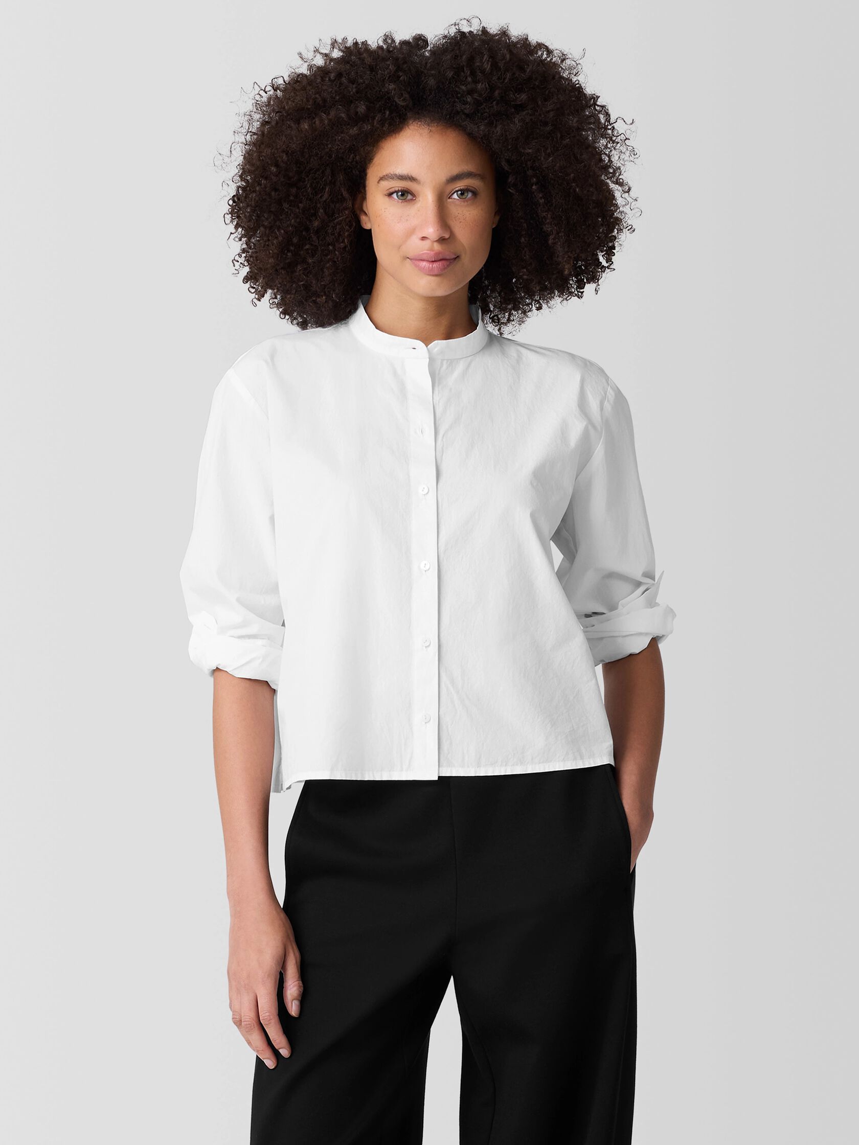 Washed Organic Cotton Poplin Band Collar Short Shirt