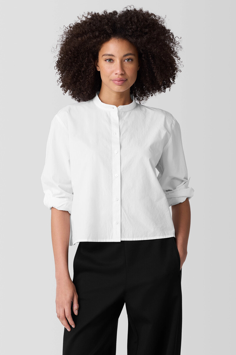 Washed Organic Cotton Poplin Band Collar Short Shirt Washed Organic Cotton Poplin Band Collar Short Shirt