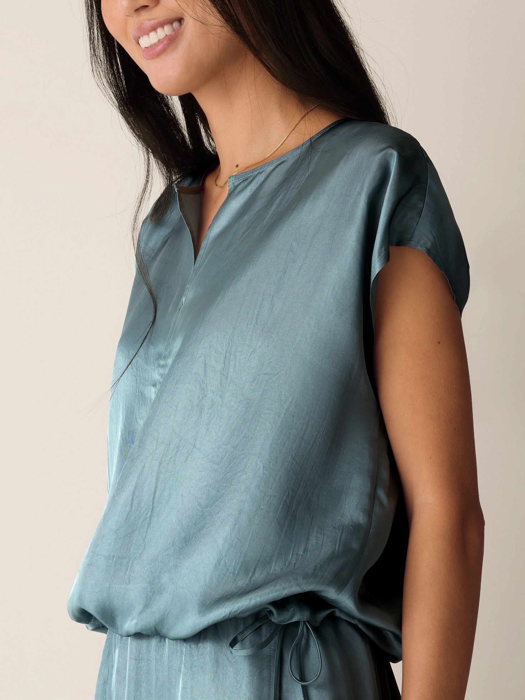 Lightweight Satin Shimmer Split Neck Top