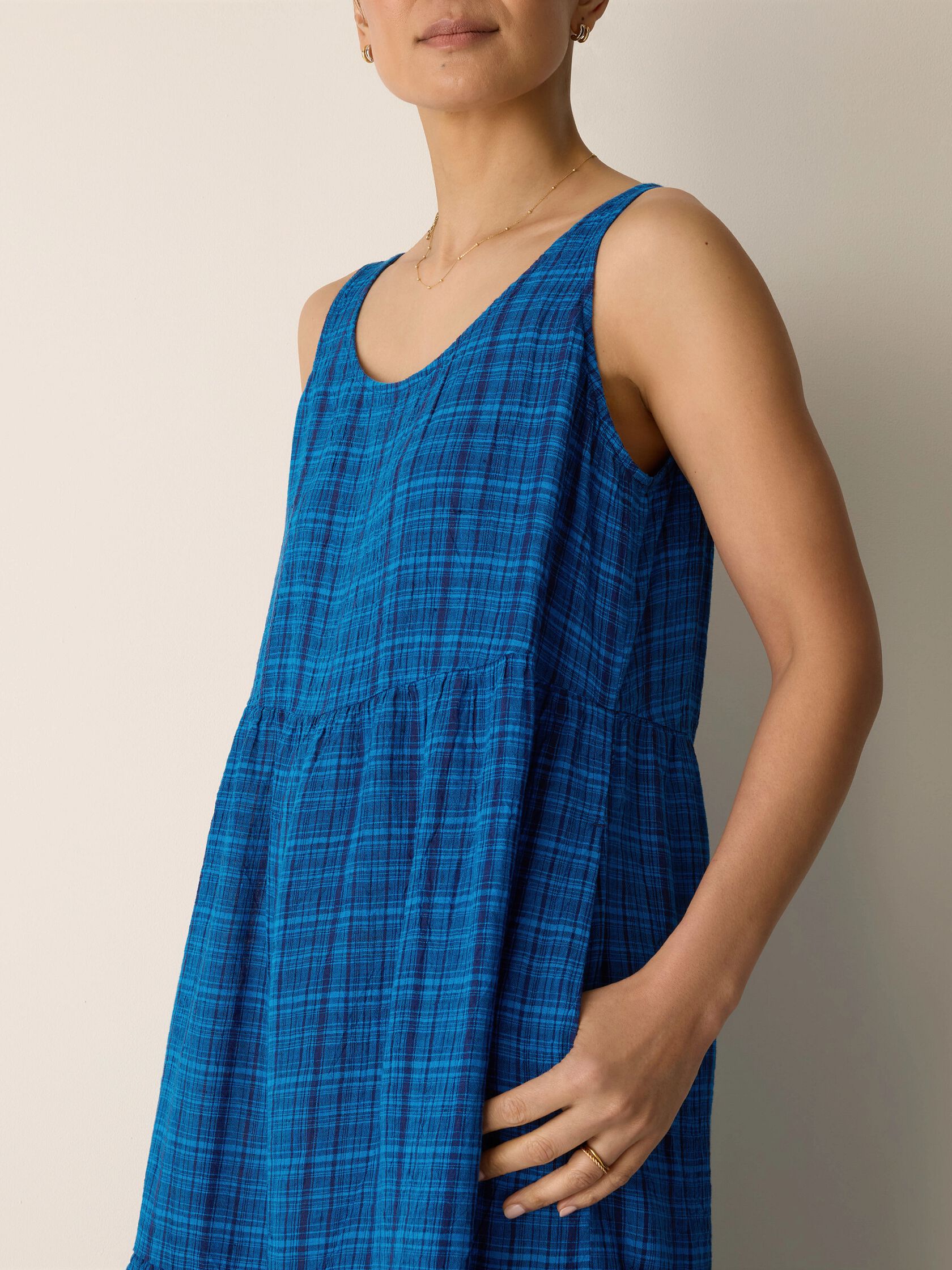 Puckered Organic Linen Plaid Tiered Dress