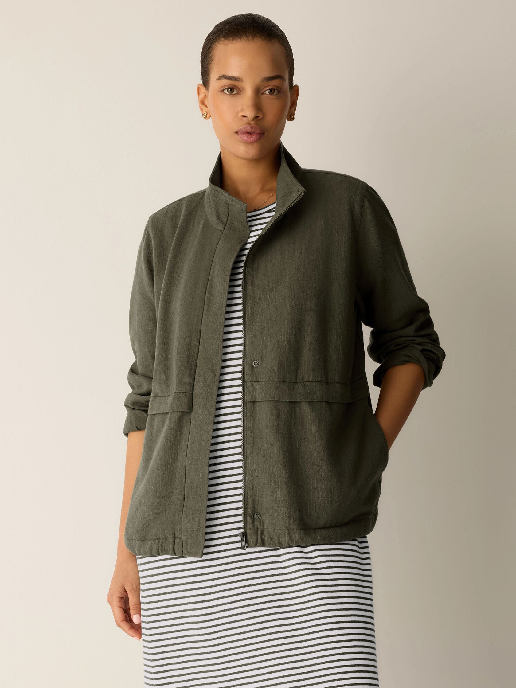 Slubby Organic Cotton Linen High Collar Jacket