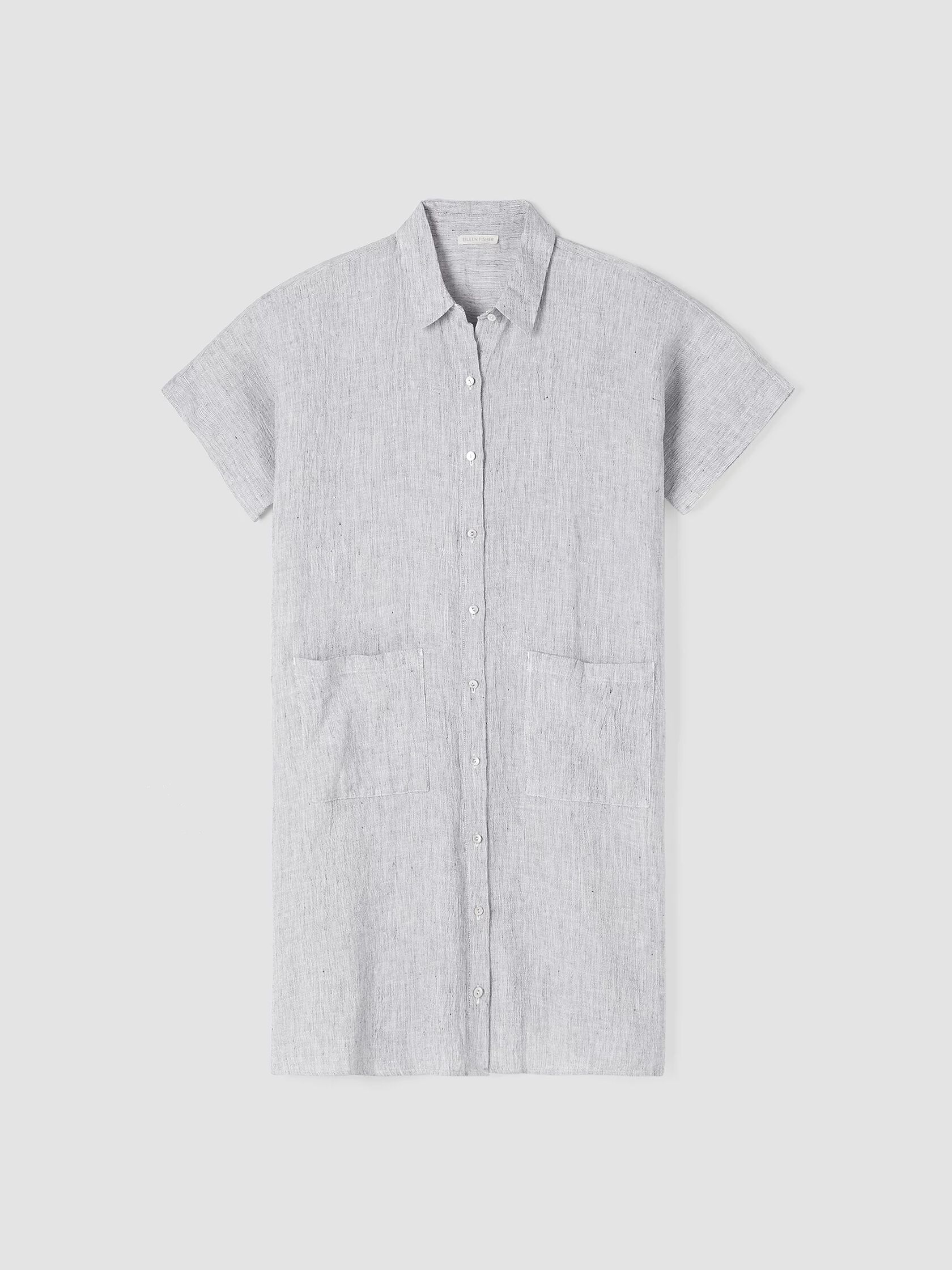 Crinkled Organic Linen Stripe Shirtdress