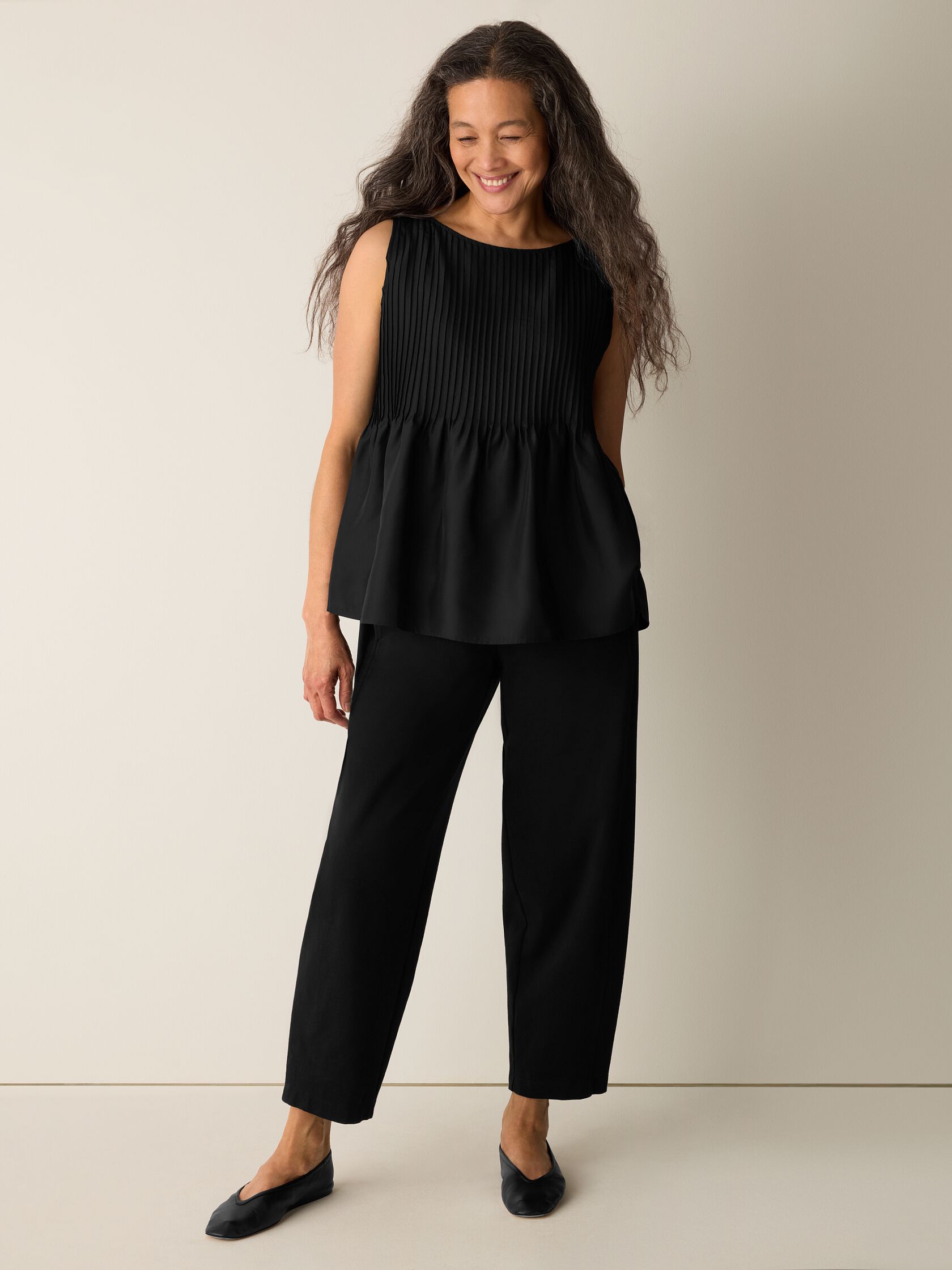 Pleated Silk Bateau Neck Tank