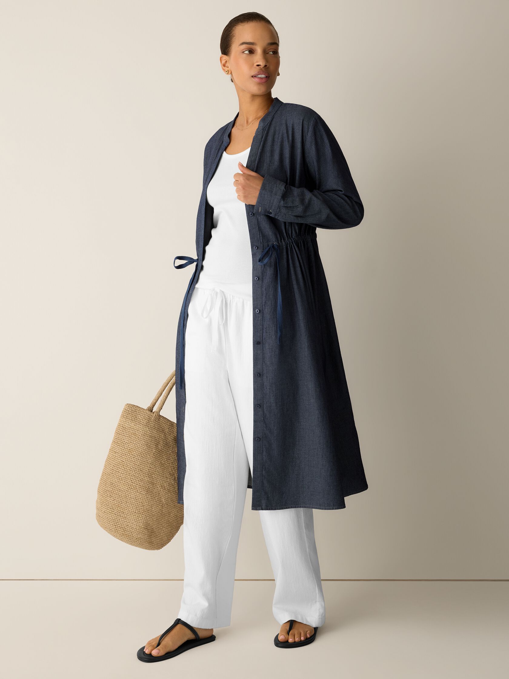 Airy Organic Cotton Twill Band Collar Shirtdress