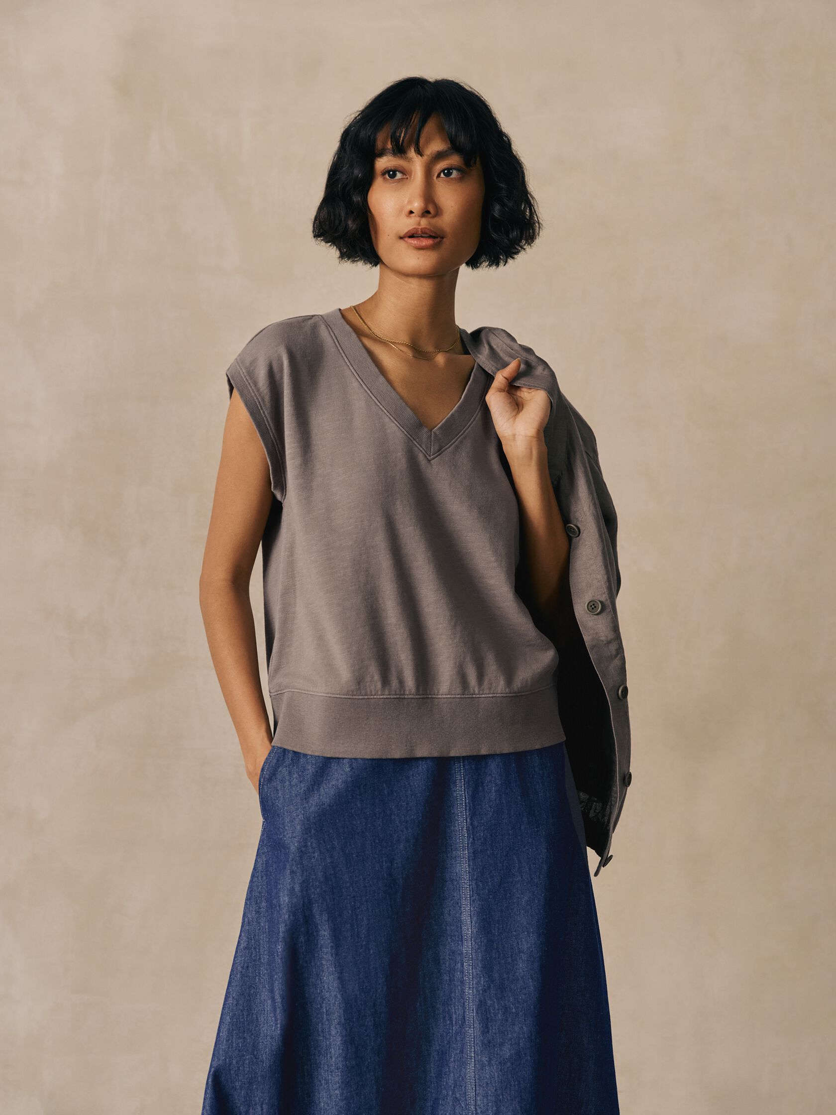 Garment-Dyed Organic Cotton Terry V-Neck Top