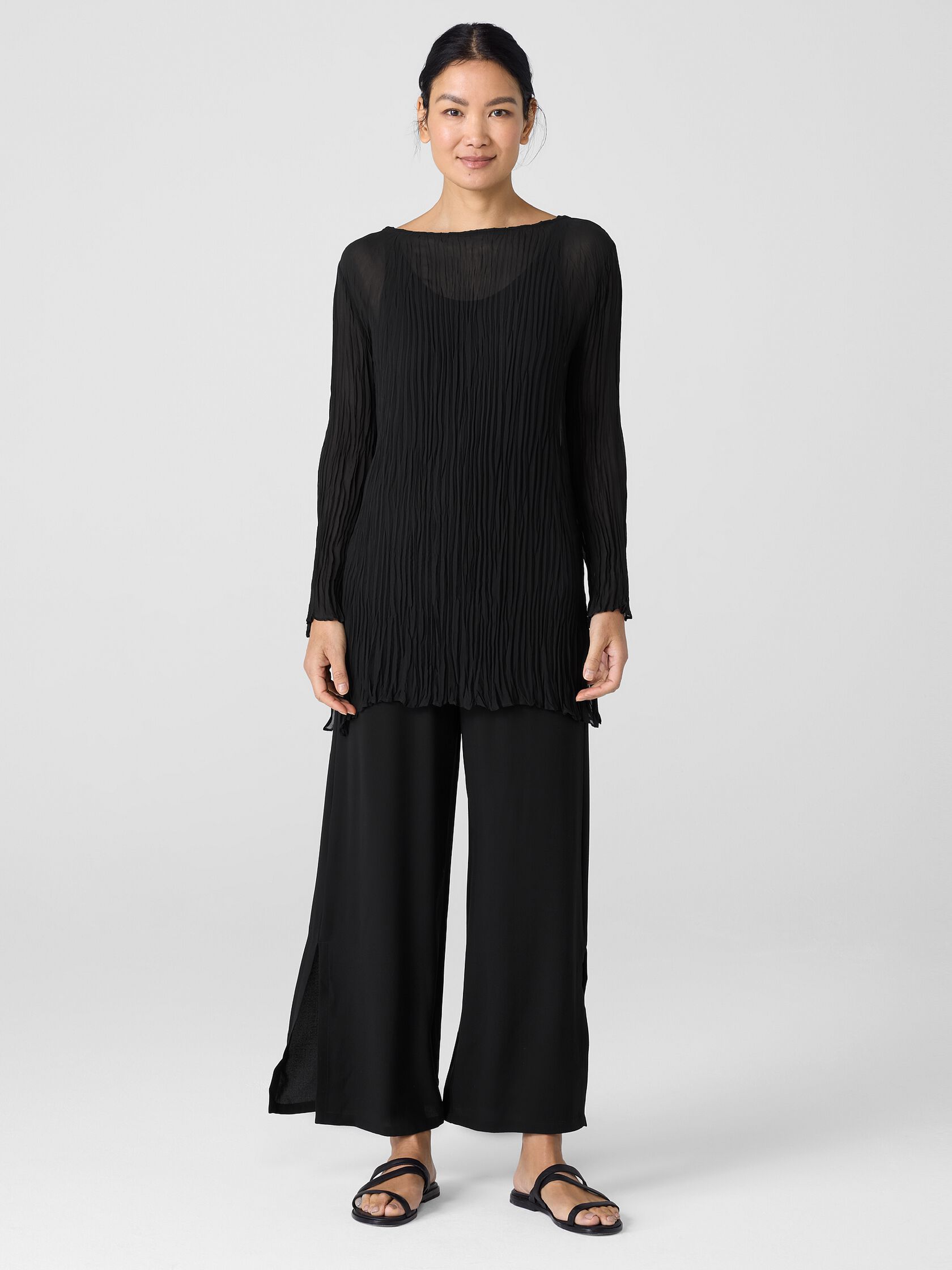 Crinkled Sheer Silk Georgette Bateau Neck Long Top