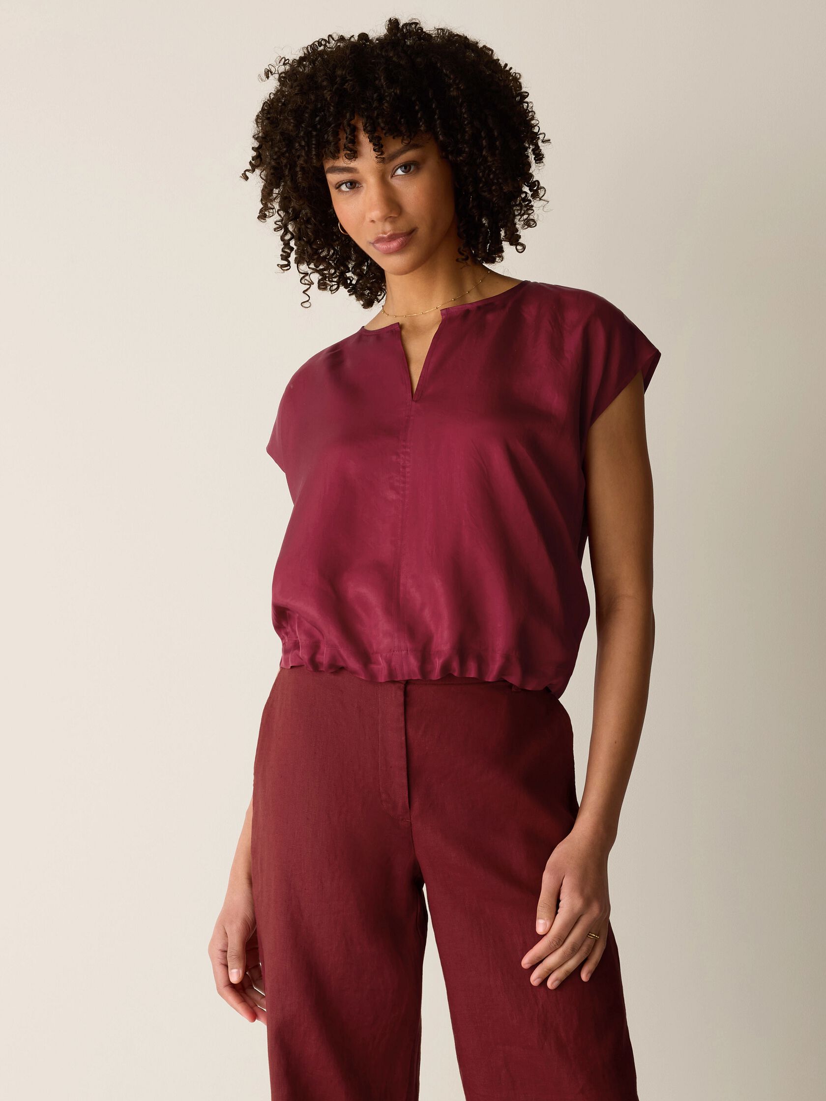 Lightweight Satin Shimmer Split Neck Top