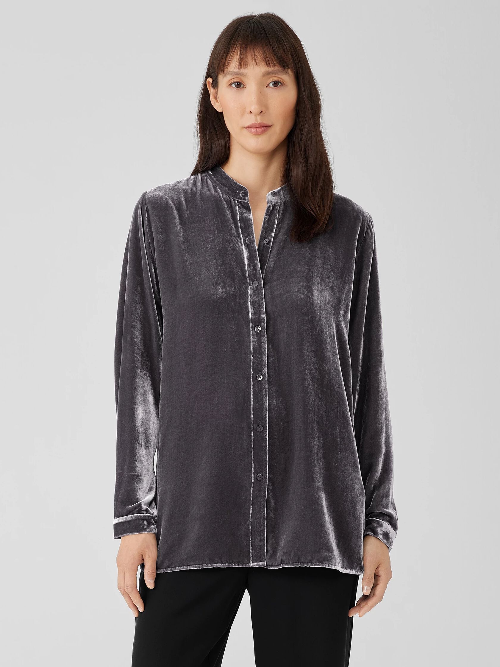 Velvet Band Collar Long Shirt