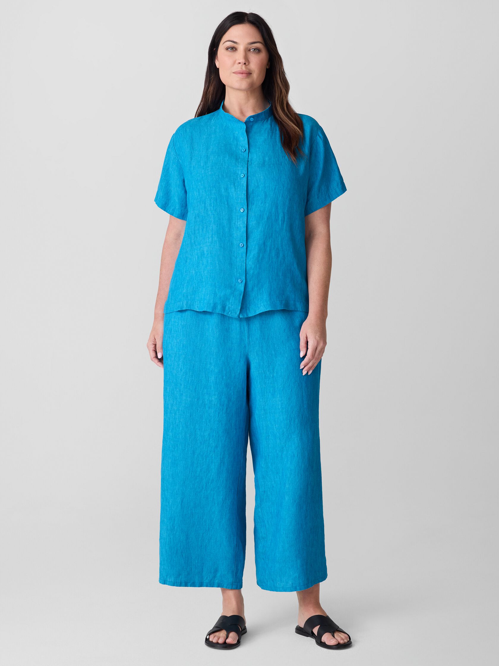 Washed Organic Linen Délavé Band Collar Shirt