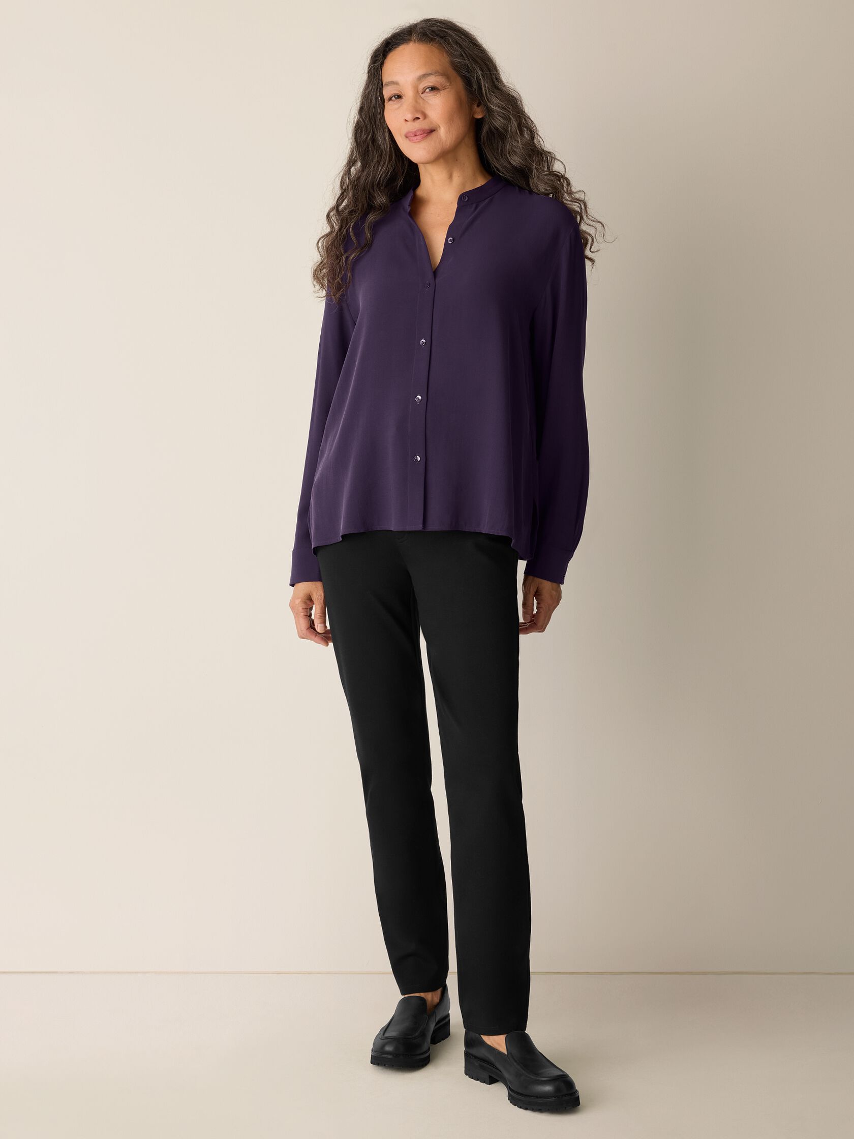 Silk Georgette Crepe Band Collar Top