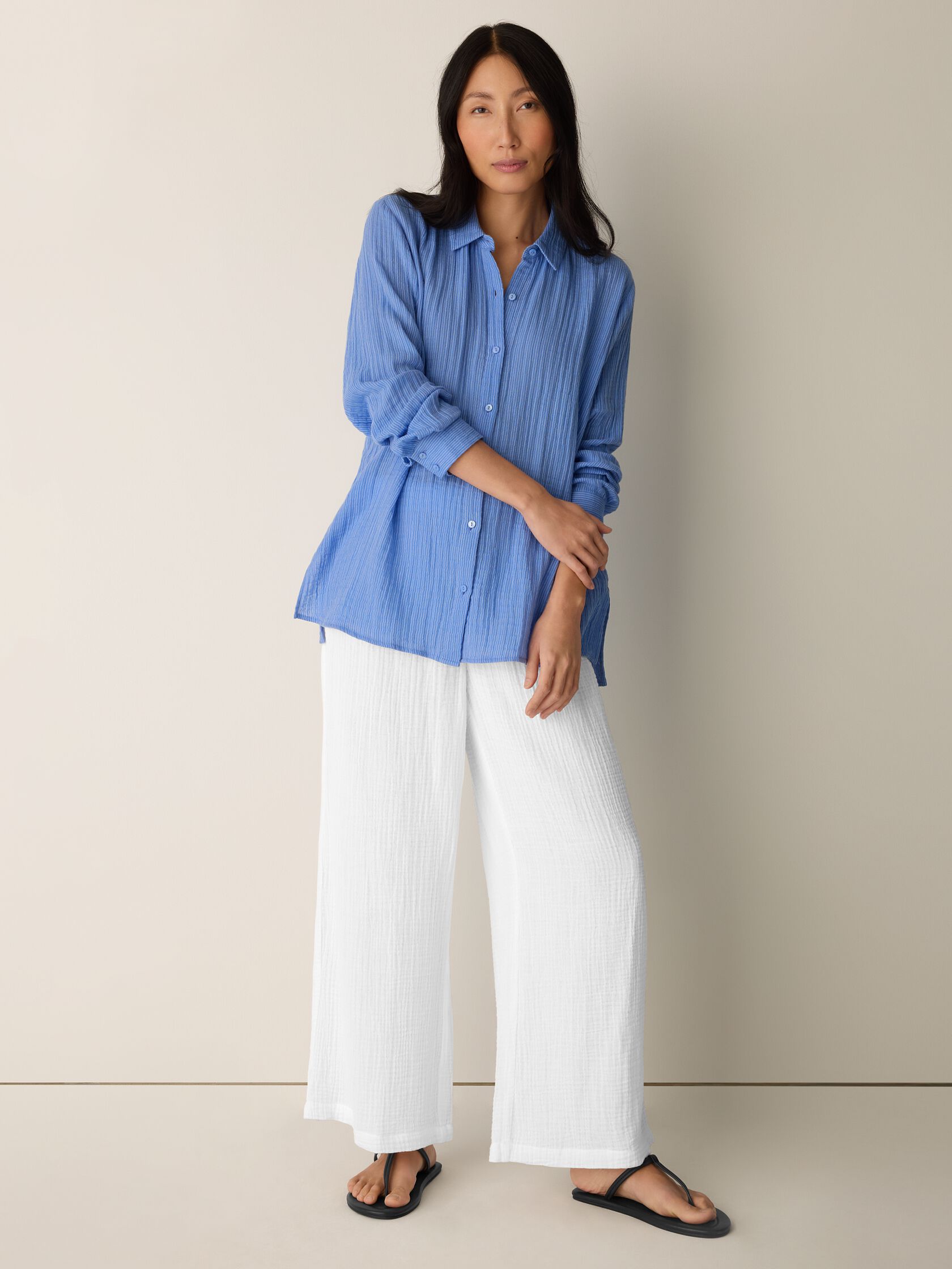 Striped Organic Cotton Gauze Classic Collar Shirt