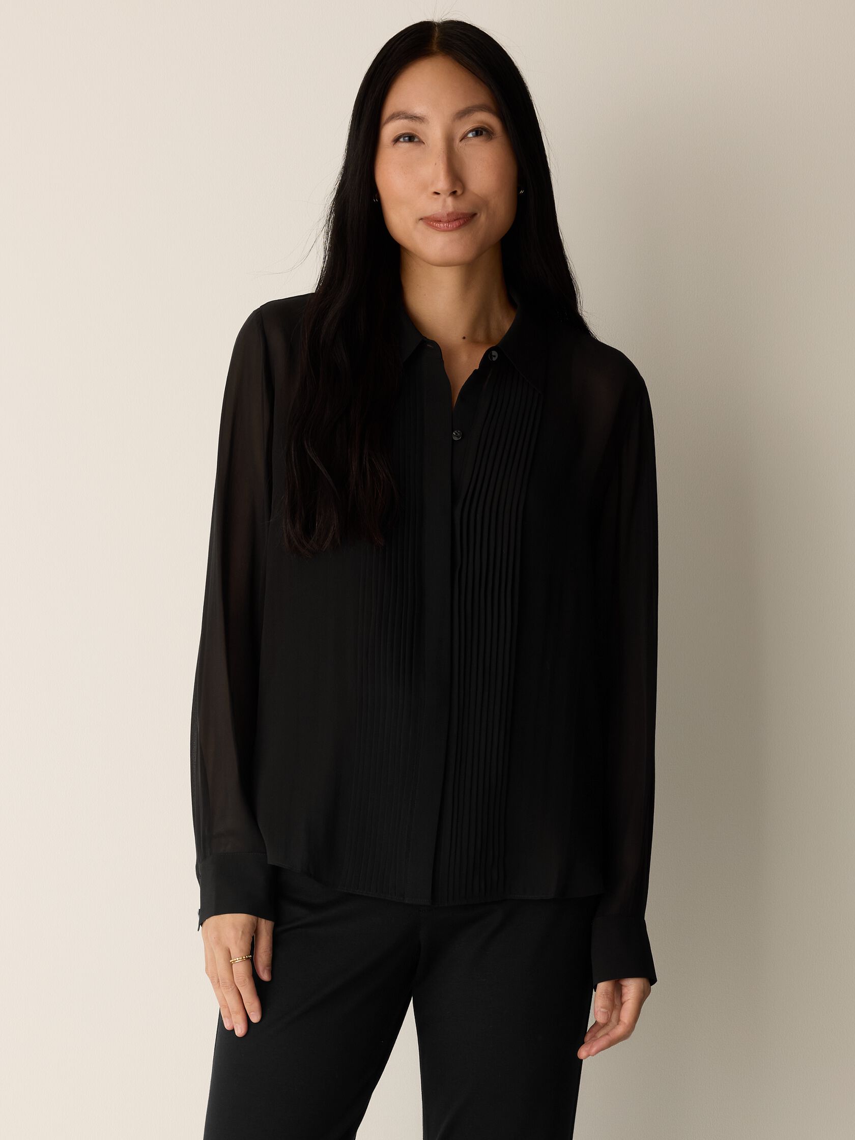 Sheer Silk Georgette Classic Collar Pintuck Shirt