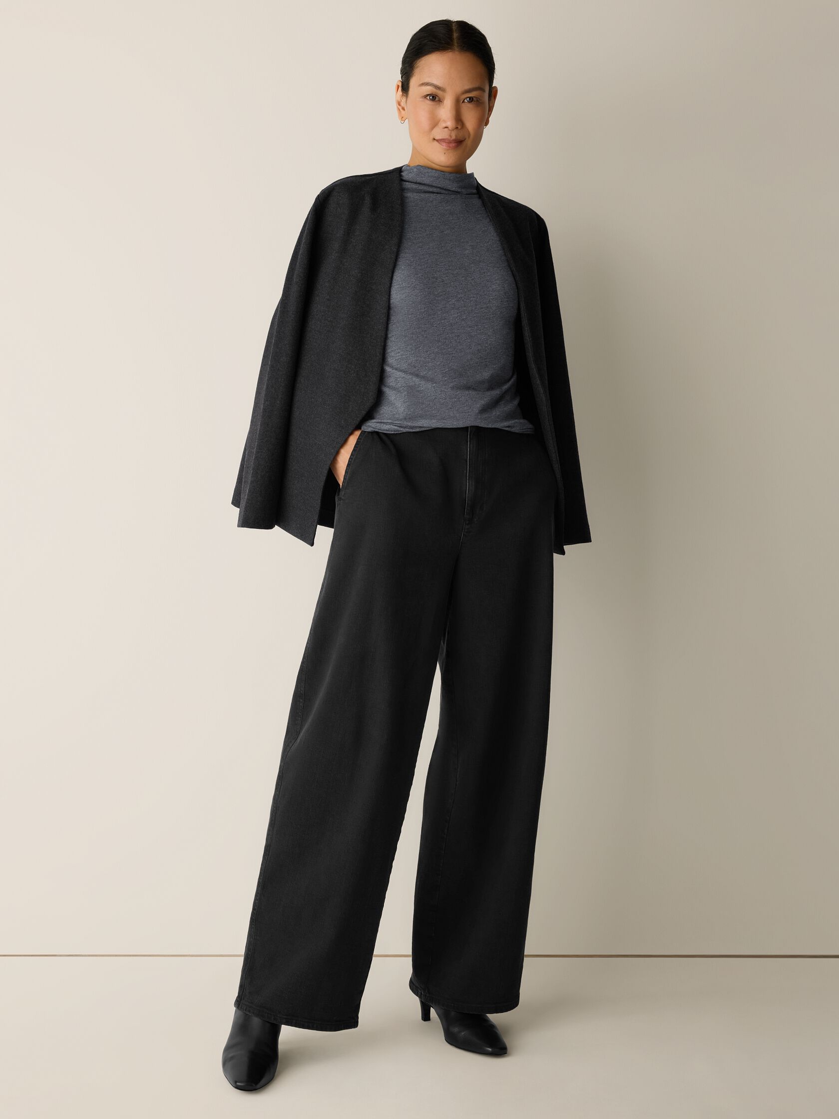 M&eacute;lange Sheer Cotton Blend Knit Funnel Neck Top