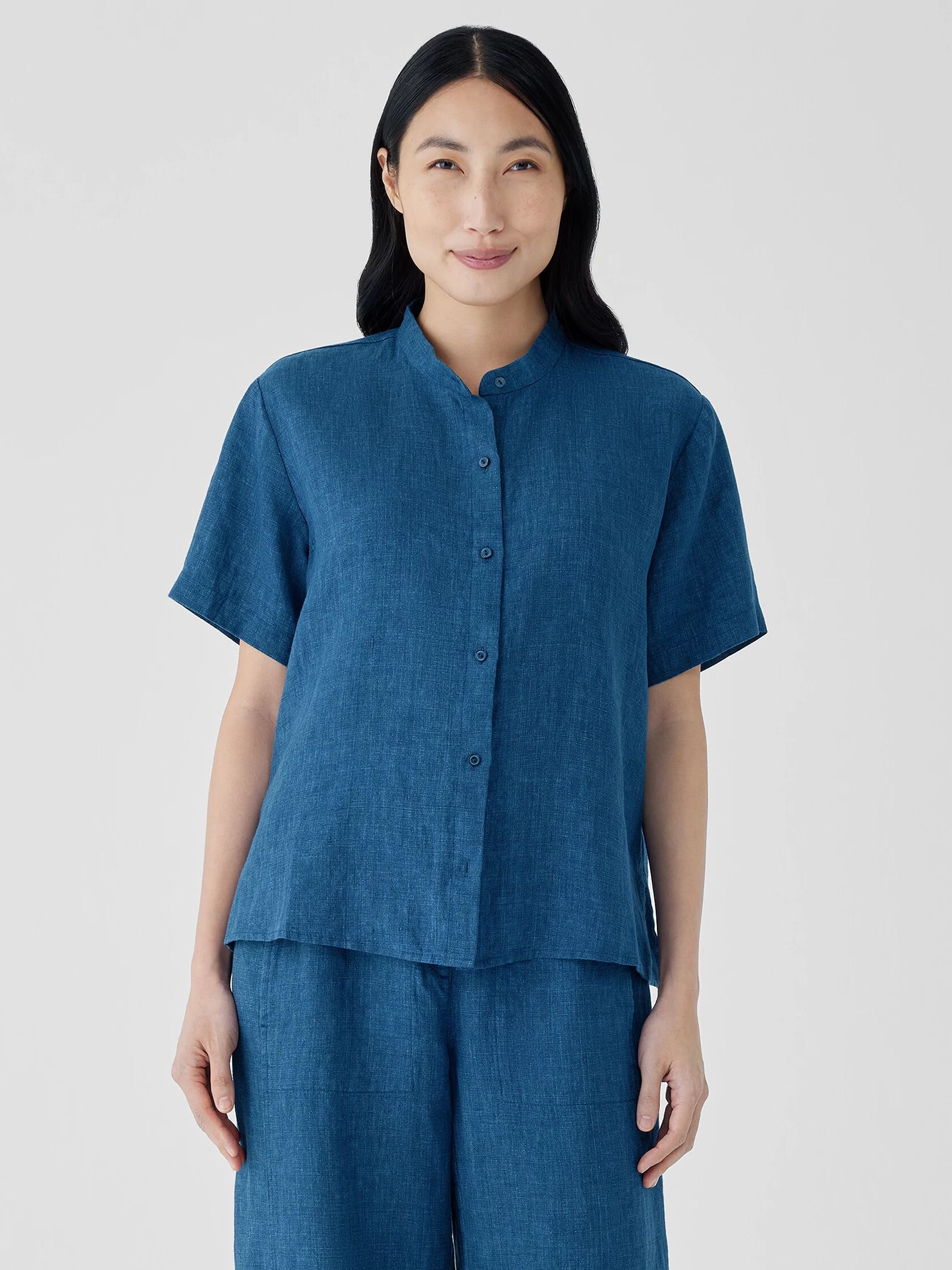 Washed Organic Linen Délavé Band Collar Shirt