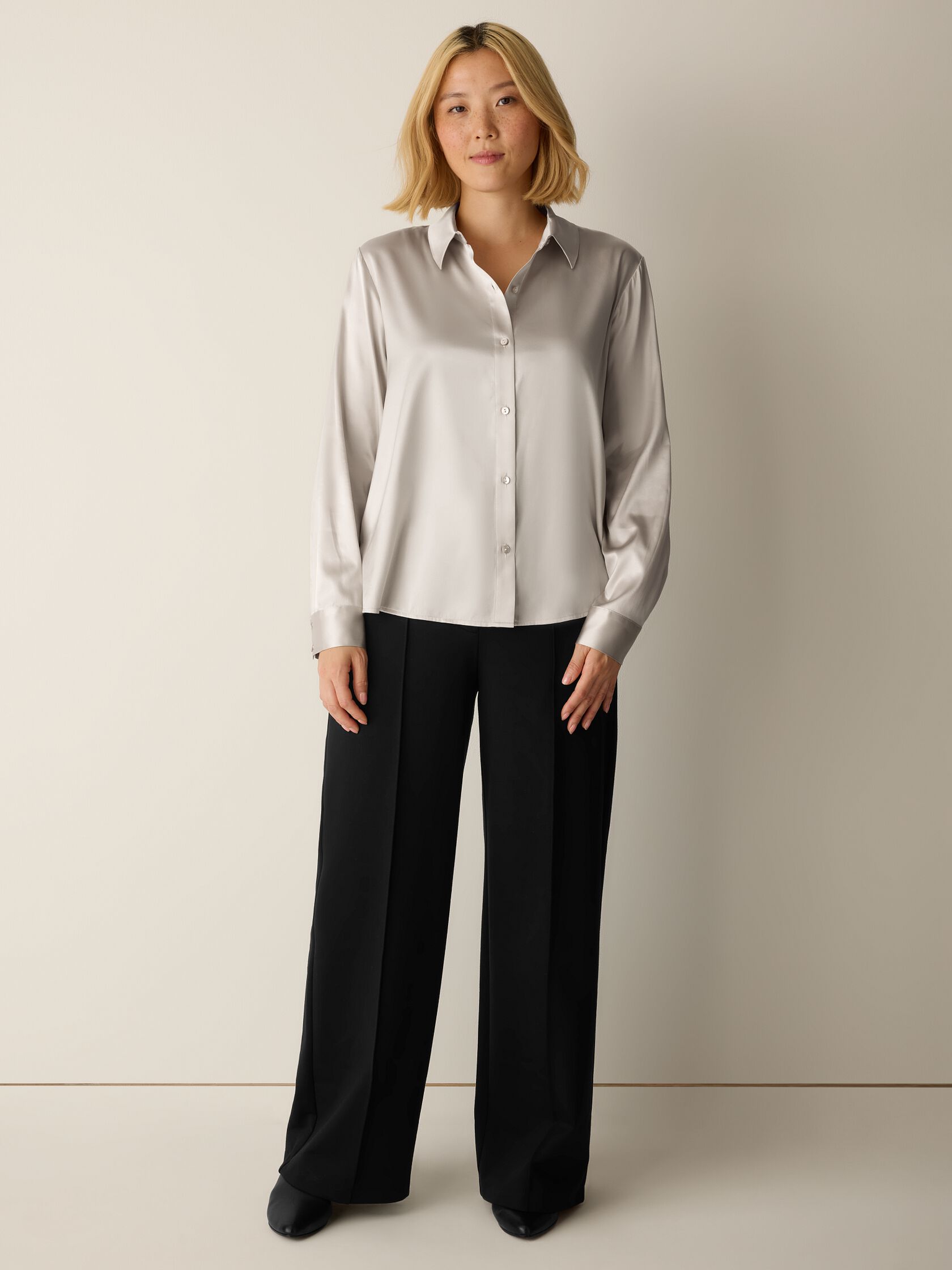 Stretch Silk Charmeuse Classic Collar Shirt