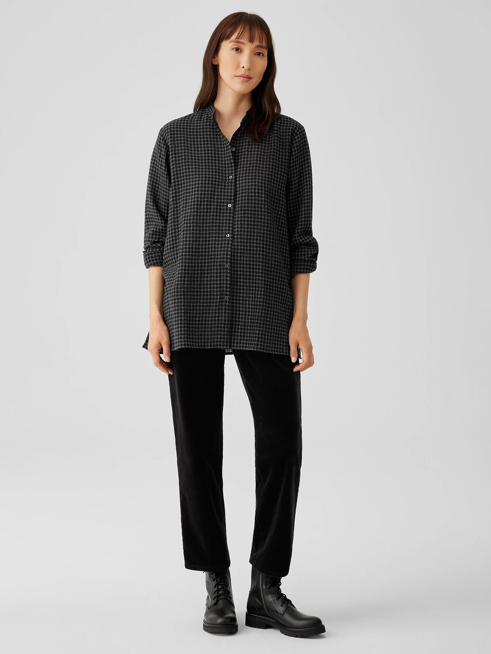 Wool Cotton Check Mandarin Collar Long Shirt