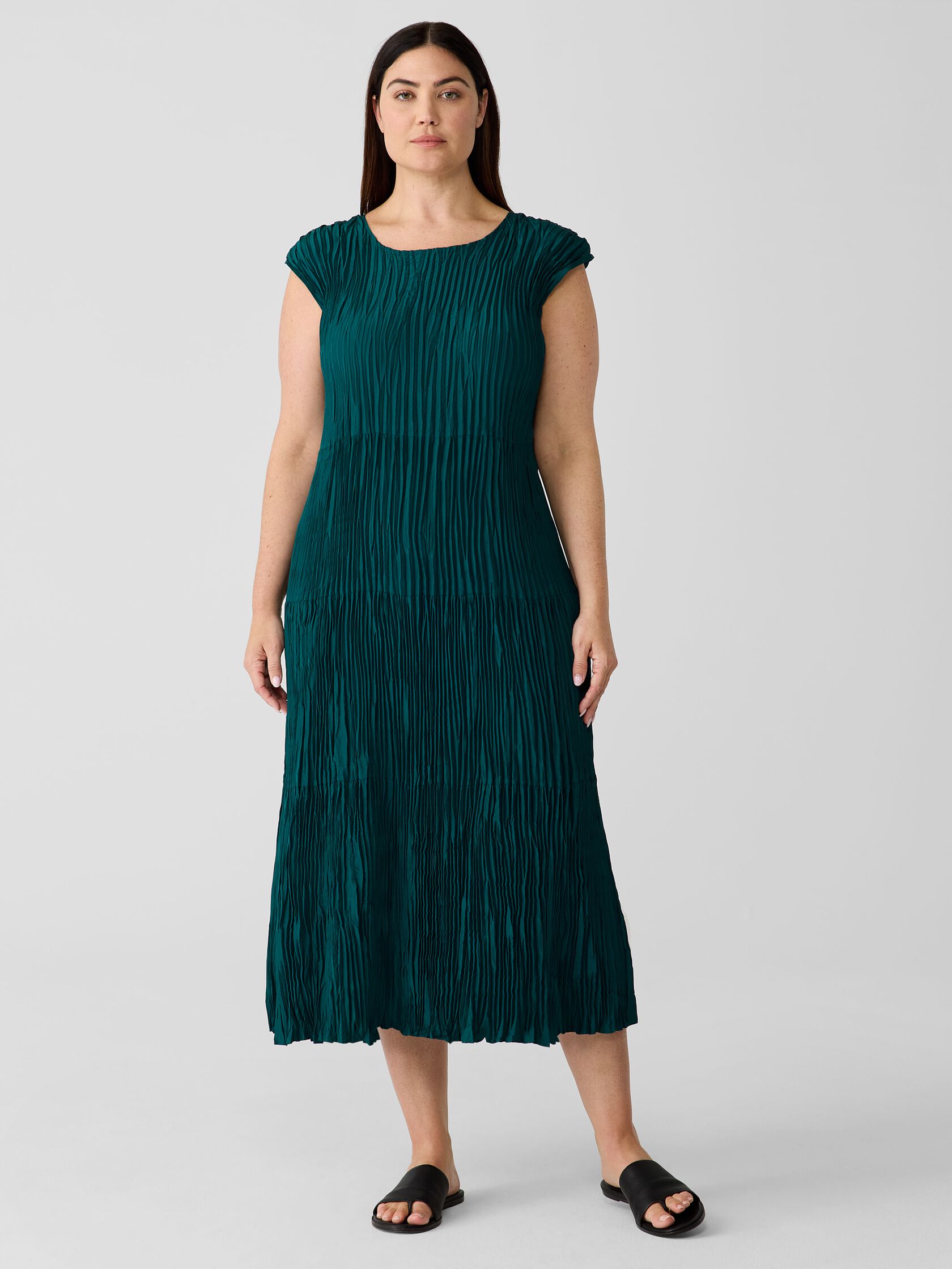 Crushed Silk Jewel Neck Tiered Dress