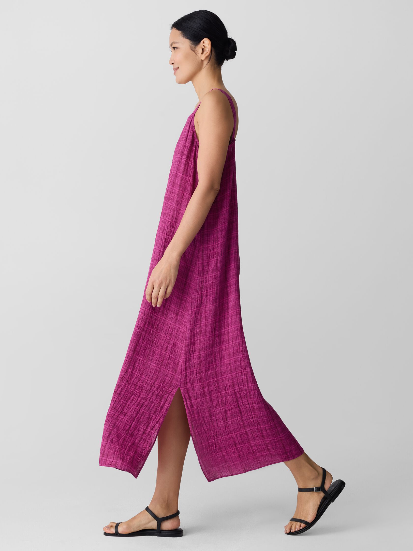 Puckered Organic Linen Plaid Square Neck Dress