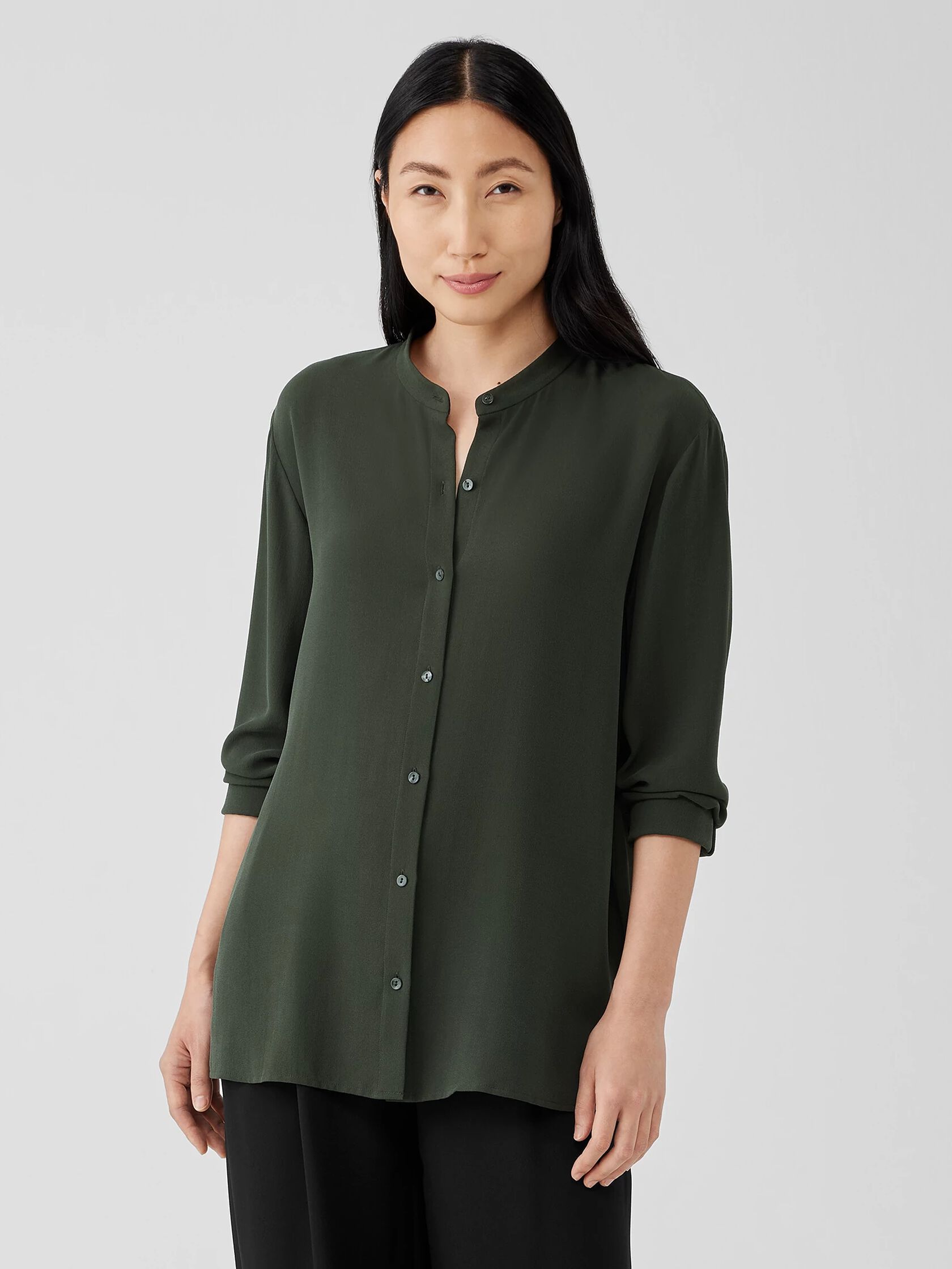 Silk Georgette Crepe Mandarin Collar Shirt